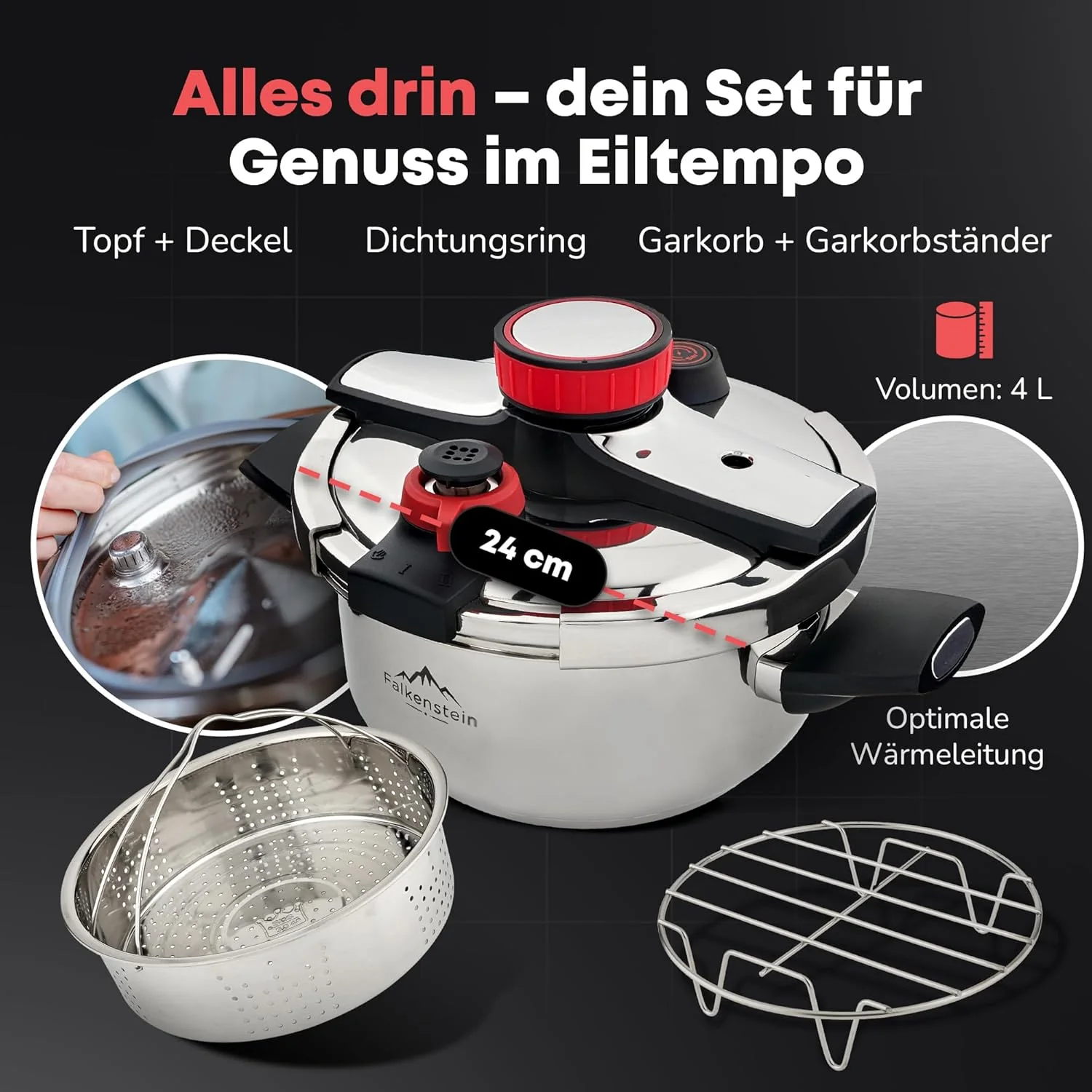 𝐅𝐚𝐥𝐤𝐞𝐧𝐬𝐭𝐞𝐢𝐧 Schnellkochtopf 4l [𝐕𝐚𝐫𝐢𝐚𝐧𝐭𝐞 𝐦𝐢𝐭 𝐆𝐚𝐫𝐤𝐨𝐫𝐛], geeignet für alle Herdarten > Pressure Cooker - Image 5