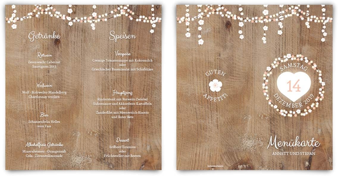 10 x Menükarten Hochzeit Menü individuell Klappkarten Speisekarten Getränkekarten - Holz Lichtgirlan - Image 2