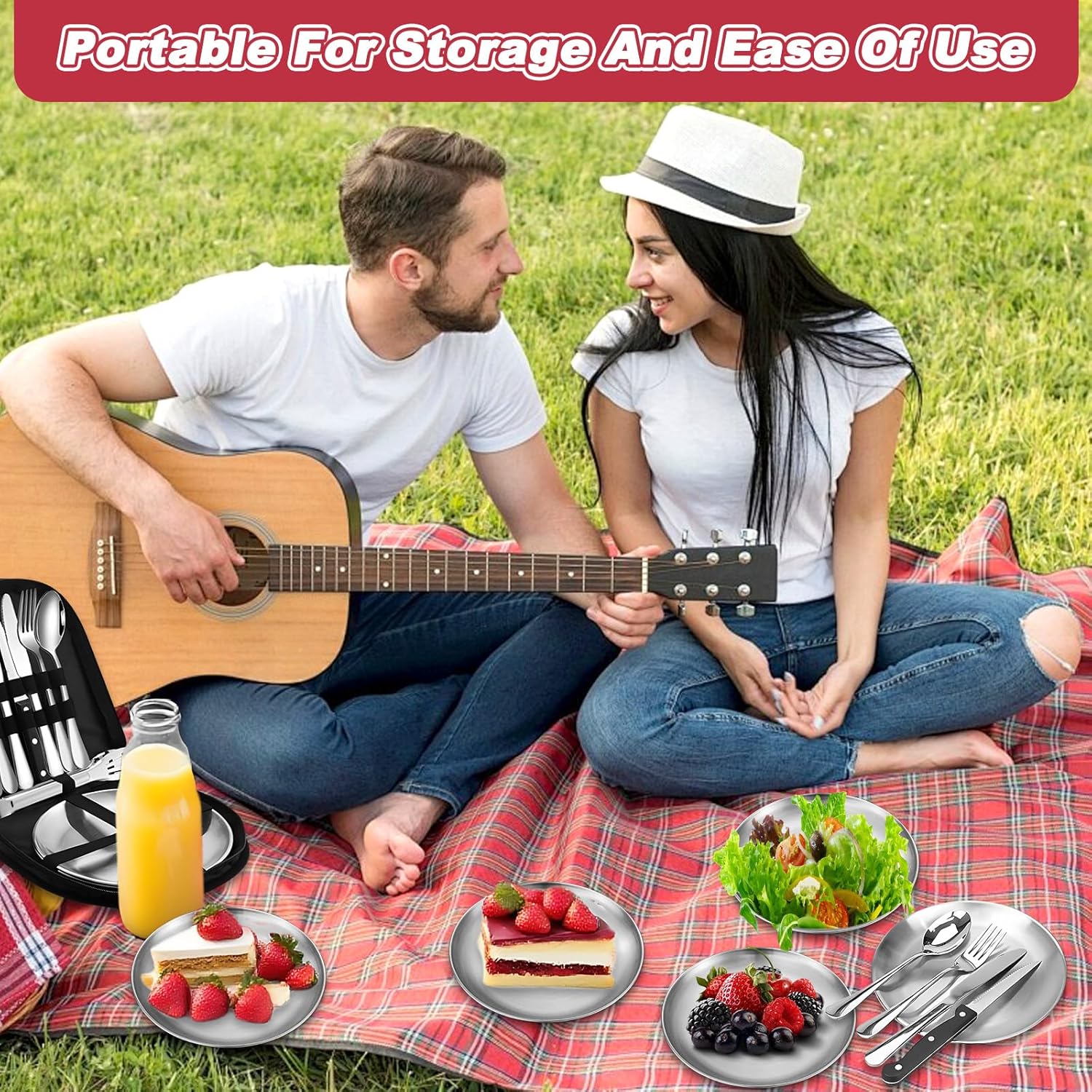11 Teilig Camping Geschirr Set für 2 Personen, Edelstahl Picknick Campingbesteck, Besteckset mit Mes - Image 2