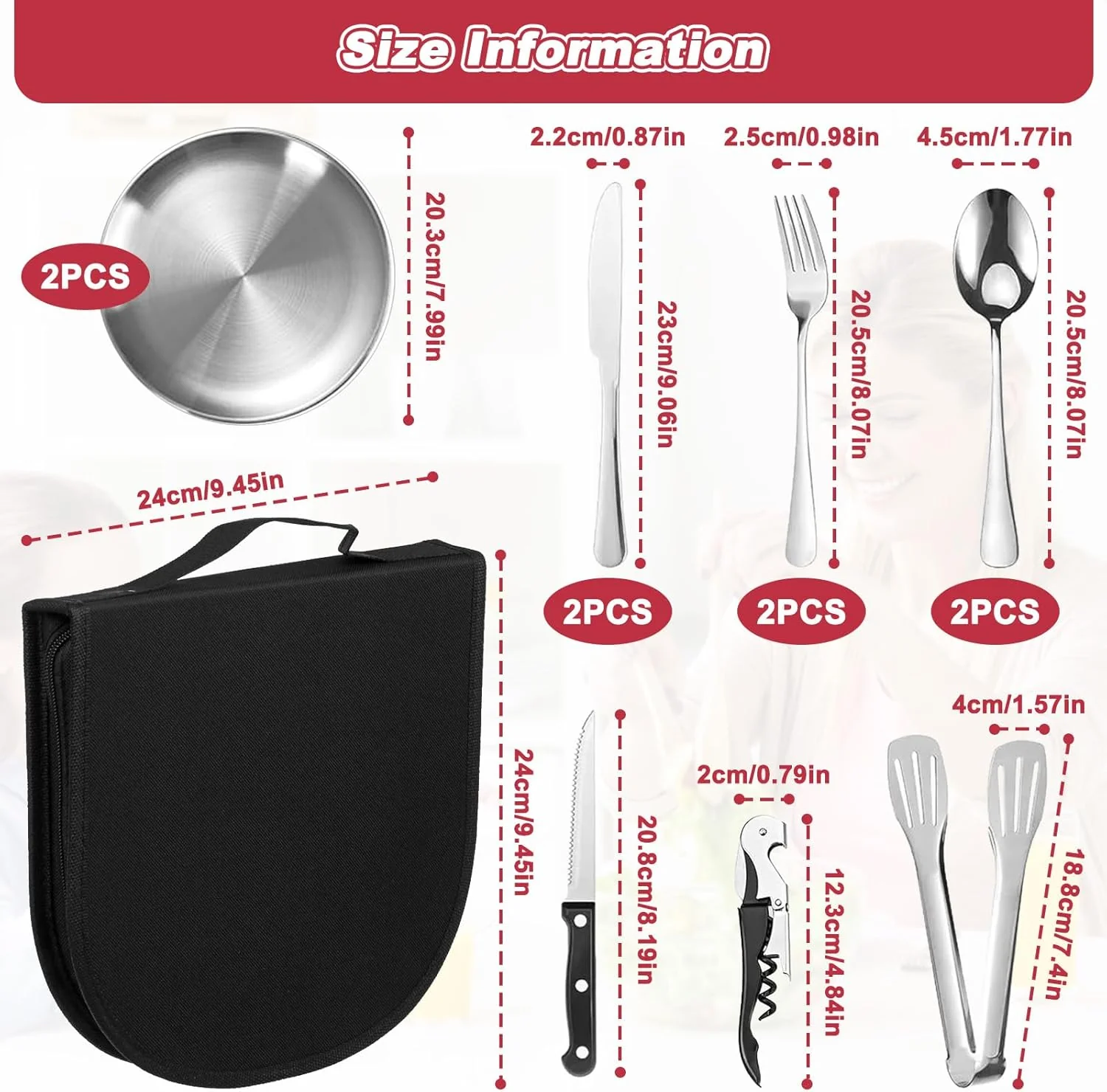 11 Teilig Camping Geschirr Set für 2 Personen, Edelstahl Picknick Campingbesteck, Besteckset mit Mes - Image 5