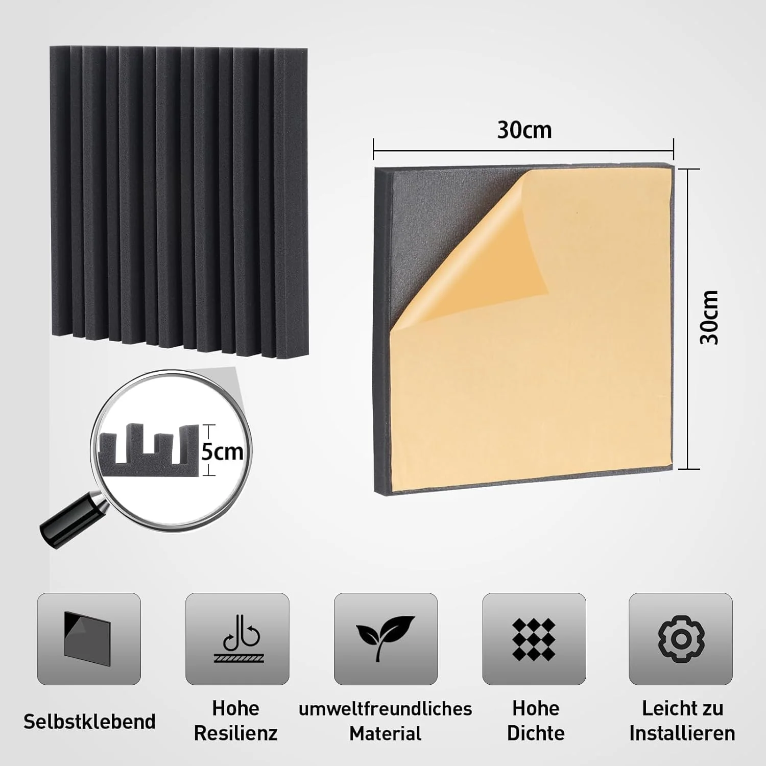 12 Stück Akustikpaneele, Selbstklebend Wandpaneele, Schwarz Gerillte Akustikschaumstoff 12 x 12 x 2 - Image 2