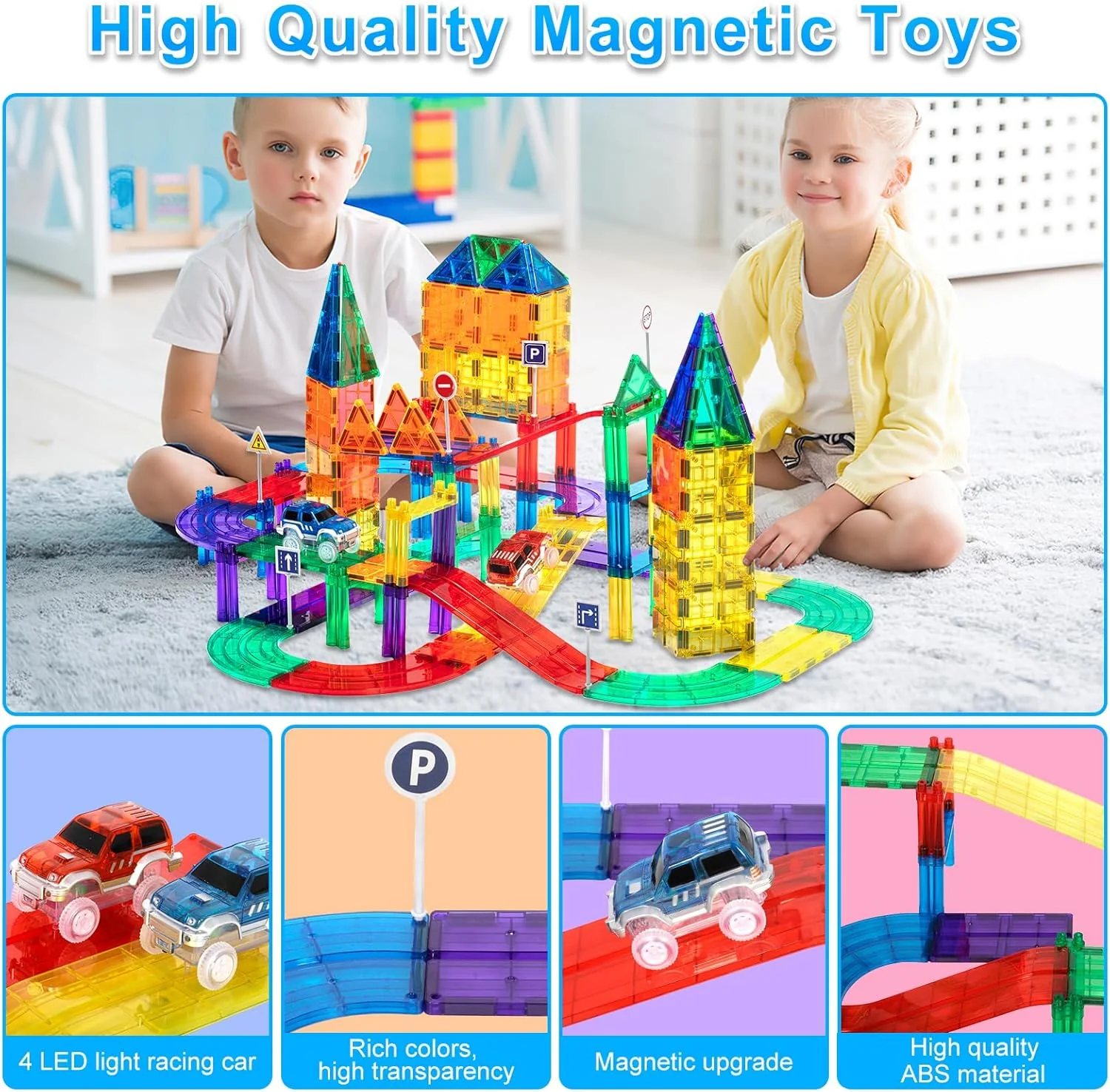 126Pcs Magnetisches Baustein Spielzeug für Bahnrennen, Magnetisches Bauspielzeug mit LED Rennwagen, - Image 3