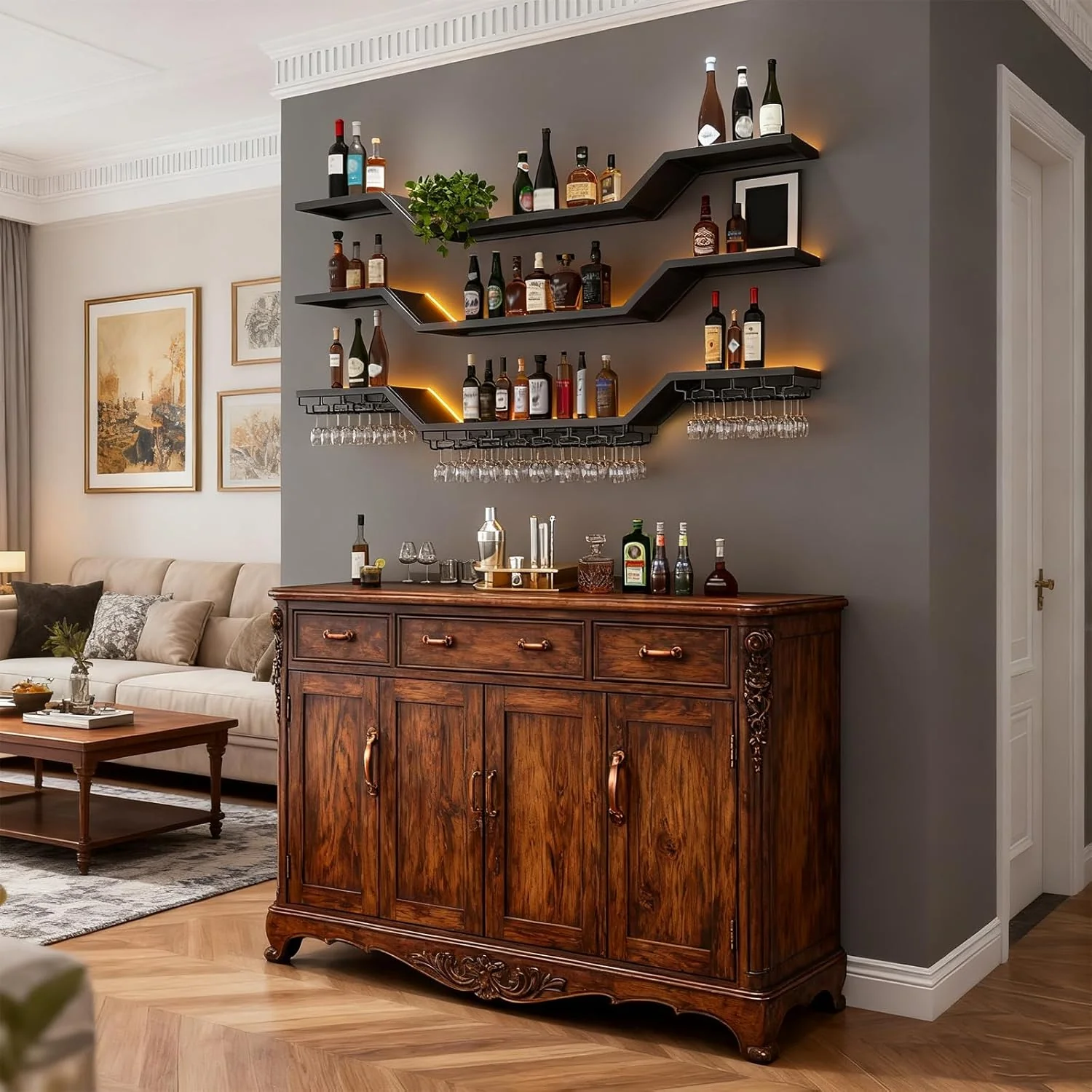140cm Modernes Wand-Weinregal Mit LED Beleuchtung, Schwebende Barregale mit Glashalter, 3 Ebenen Wan - Image 3