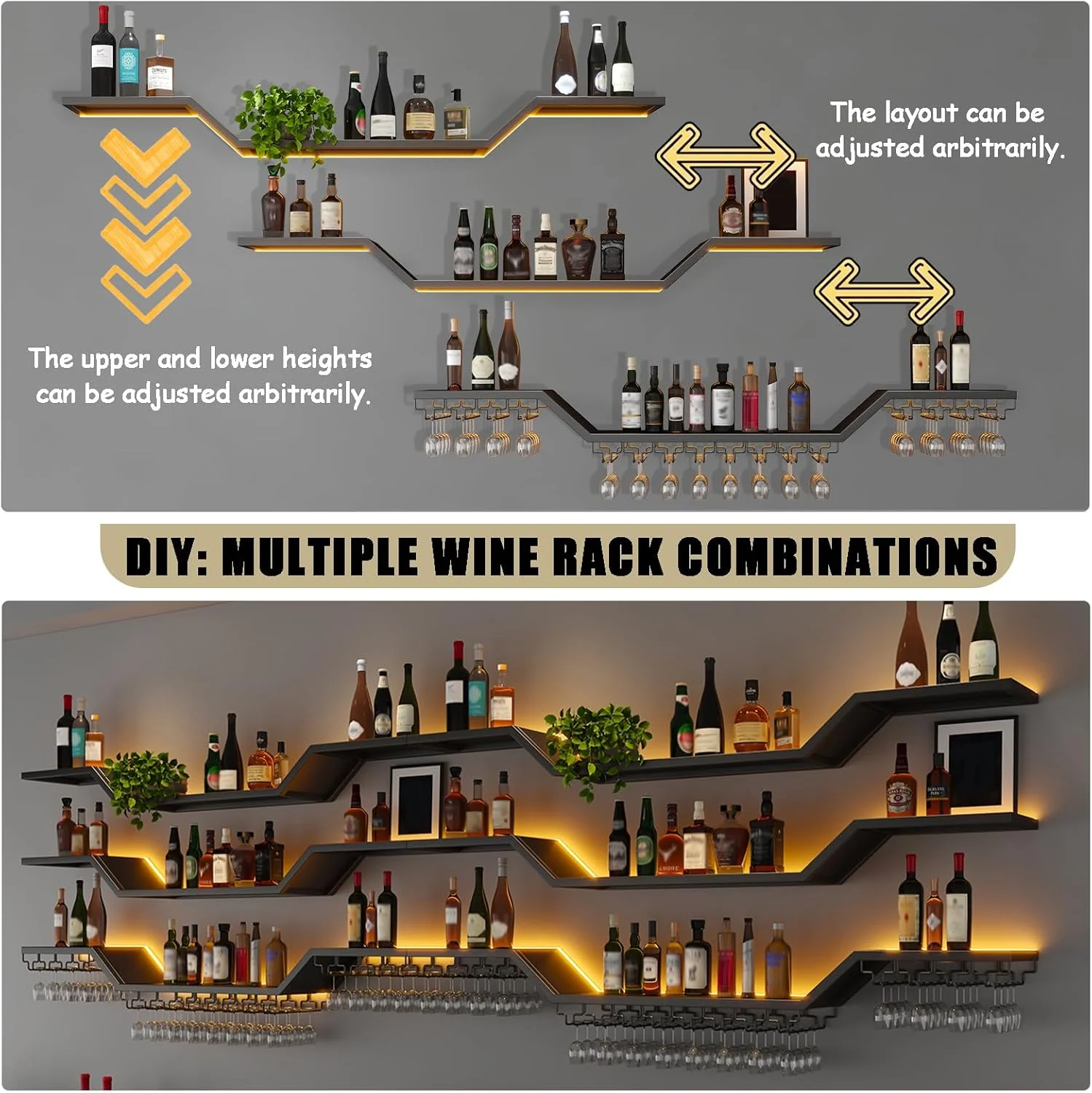 140cm Modernes Wand-Weinregal Mit LED Beleuchtung, Schwebende Barregale mit Glashalter, 3 Ebenen Wan - Image 4