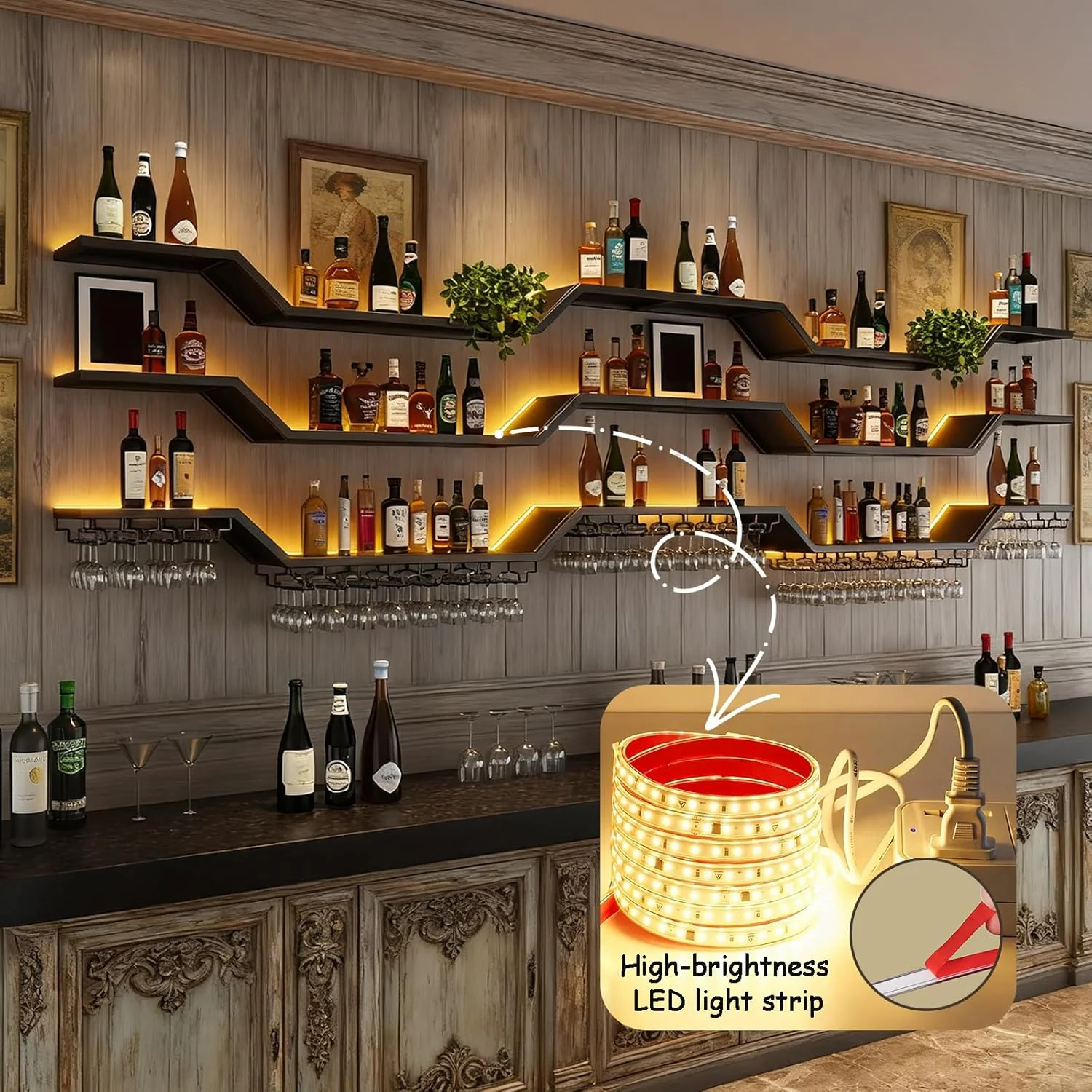 140cm Modernes Wand-Weinregal Mit LED Beleuchtung, Schwebende Barregale mit Glashalter, 3 Ebenen Wan - Image 5