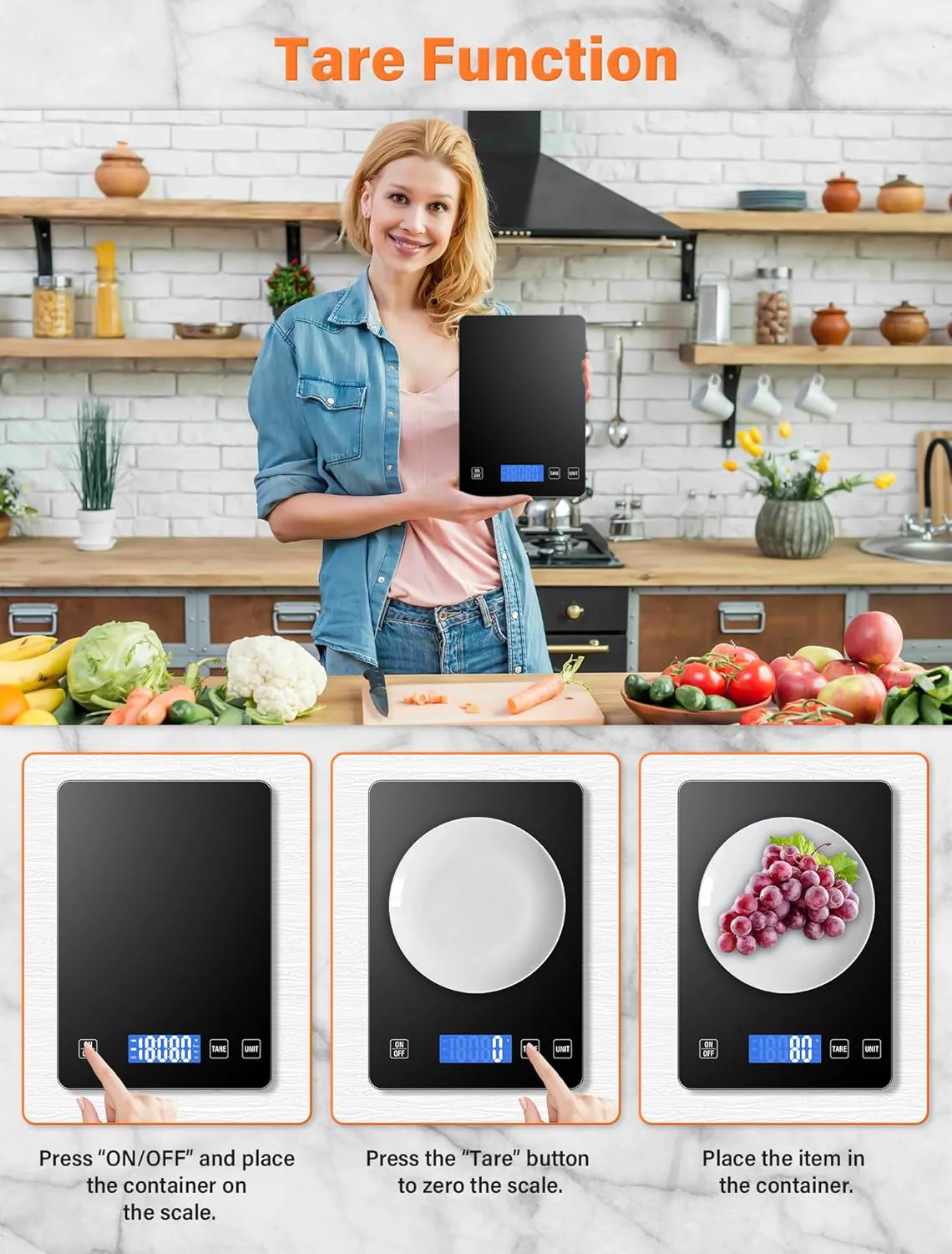 15kg Küchenwaage, Wiederaufladbare Digitale Küchenwaage, Glas Essenswaage mit LCD Display, Tara-Funk - Image 4