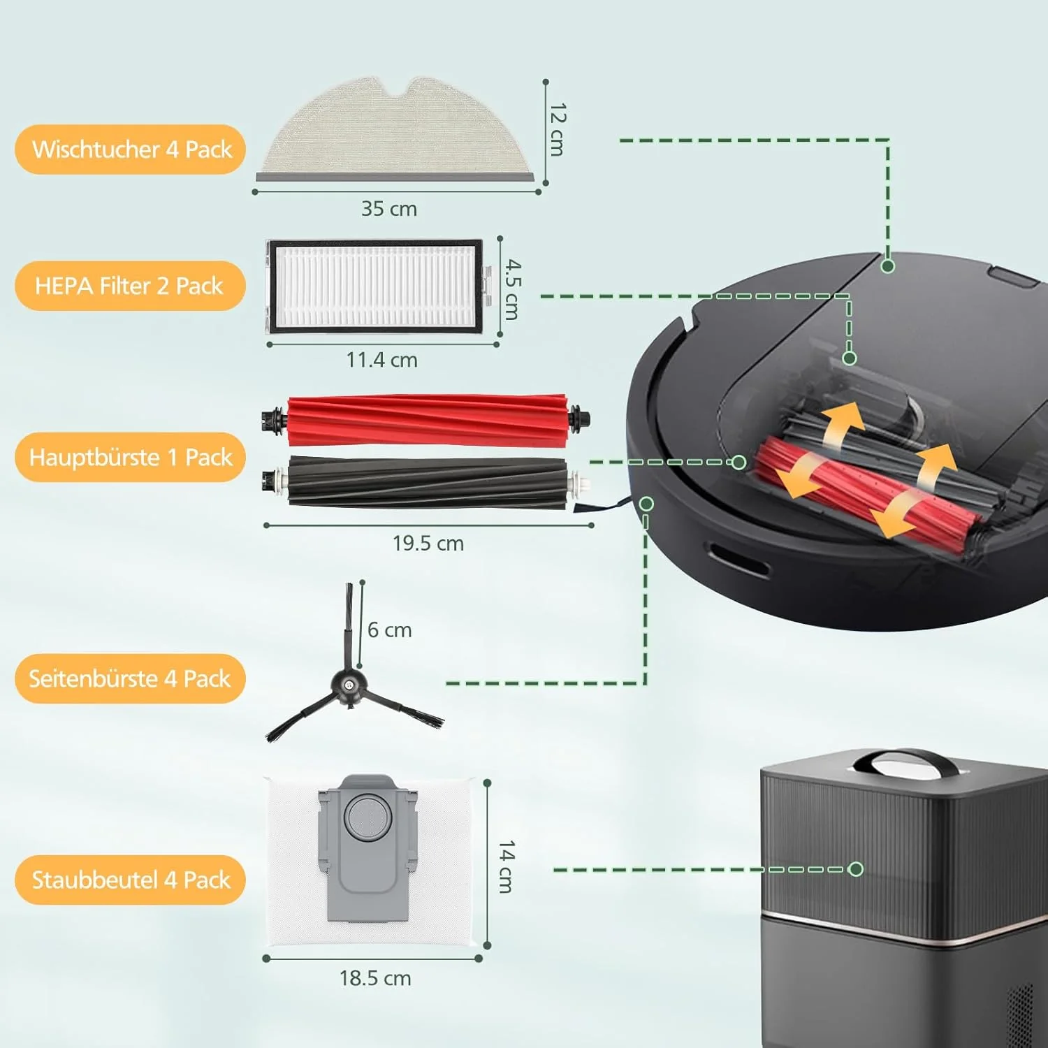 17 Stück Zubehör für Roborock Q5 Pro+ /Q5 Pro/ Q8 Max+ /Q8 Max Staubsauger, 2 Hauptbürsten, 2 HEPA-F - Image 3