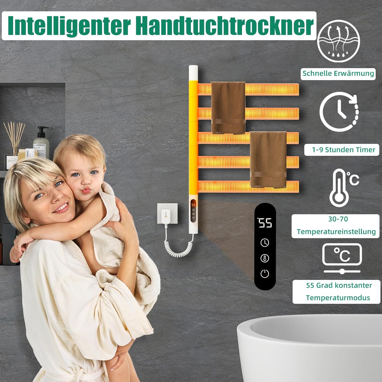 180° Drehung Handtuchheizkörper Elektrisch Handtuchwärmer Handtuchtrockner Elektrisch Badheizkörper - Image 2
