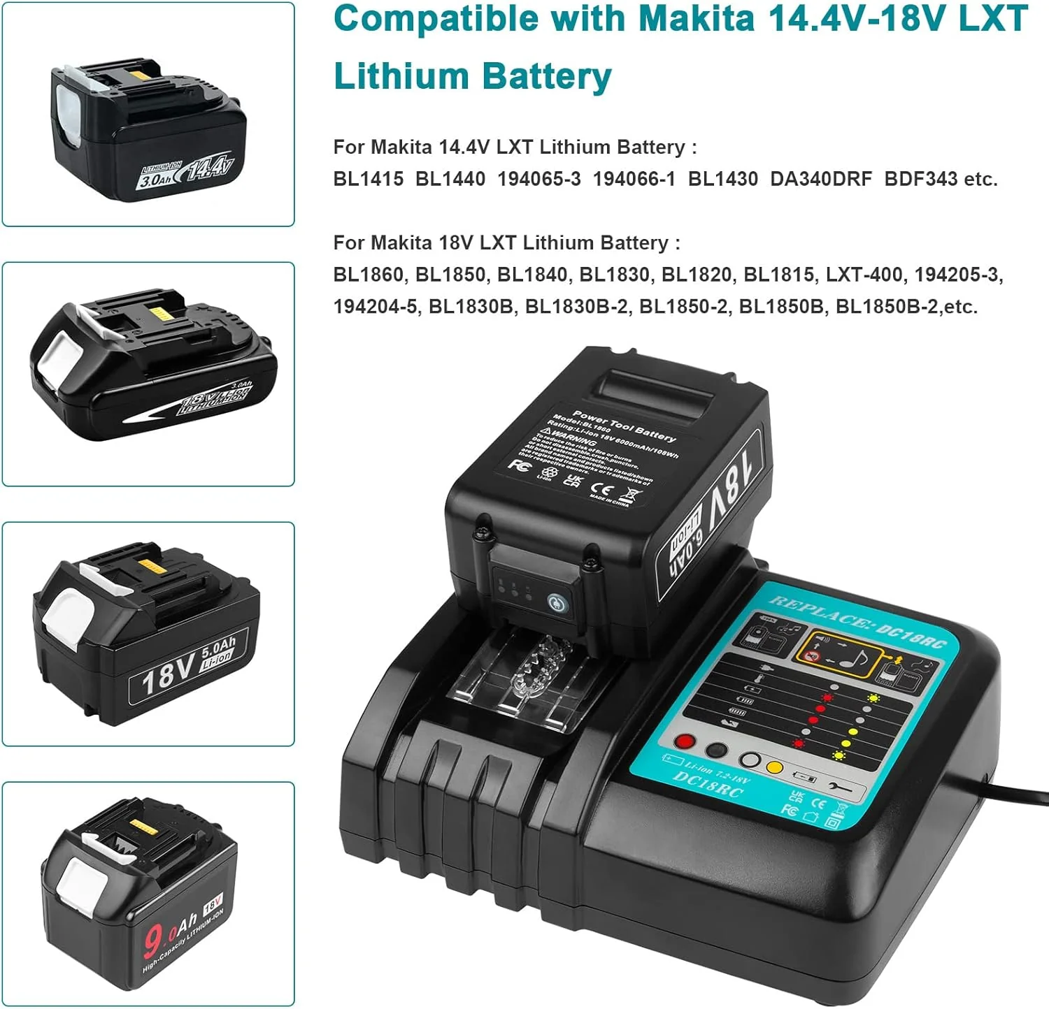 18V Akku und Ladegerät für Makita LXT ASUNCELL 18V 5.0Ah Akku DC18RC Schnellladegerät Set Kompatibel - Image 3