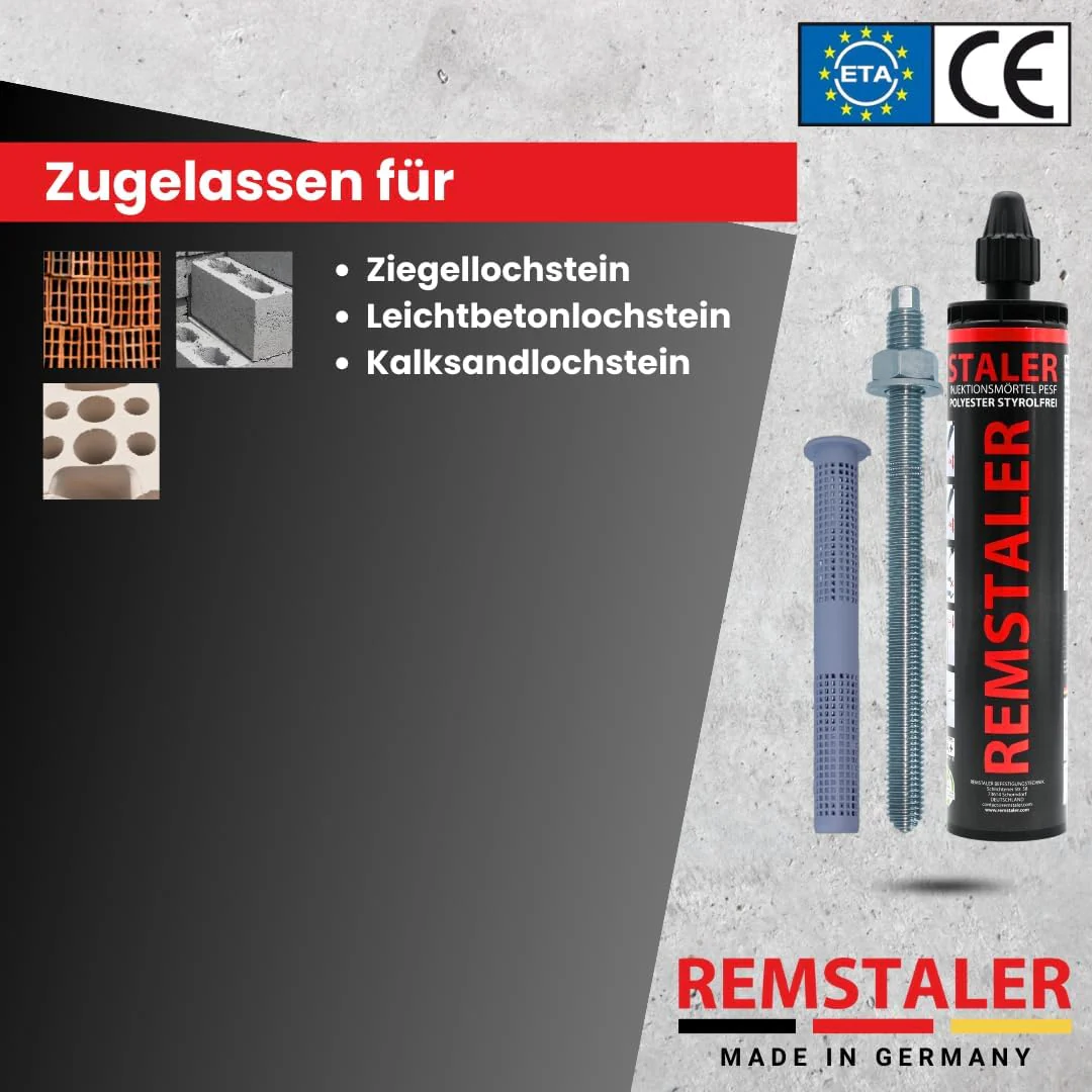 1x Remstaler INJEKTIONSMÖRTEL + ANKERSTANGE + SIEBHÜLSE im SET | Stahl verzinkt o. Edelstahl A4 | Ve - Image 2