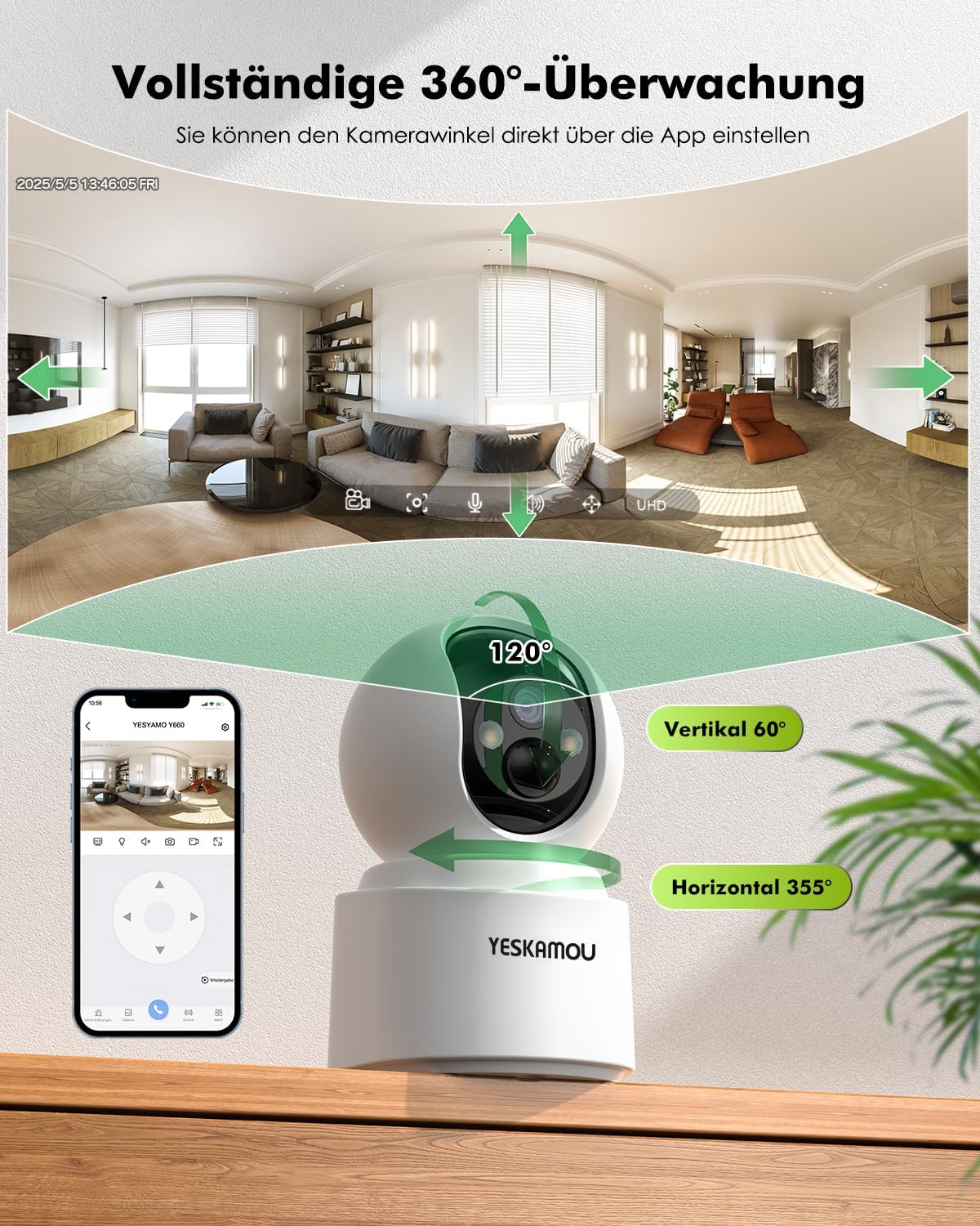 2,5K 4MP Überwachungskamera Innen Akku, 360° WLAN innenkamera mit akku, 2,4/5 GHz WiFi, 360° Kamera - Image 6