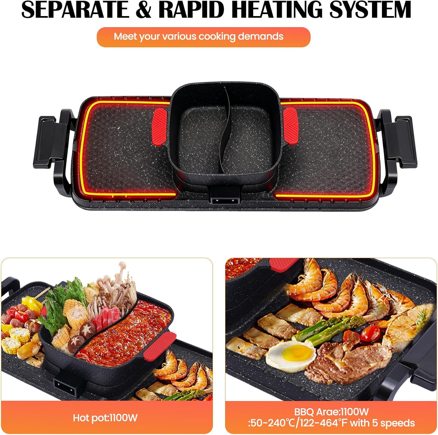 2 in 1 Elektrischer Hot Pot Grill, 1100W+2200W Multifunktionale BBQ Hot Pot, Korean Barbecue Hot Pot - Image 5