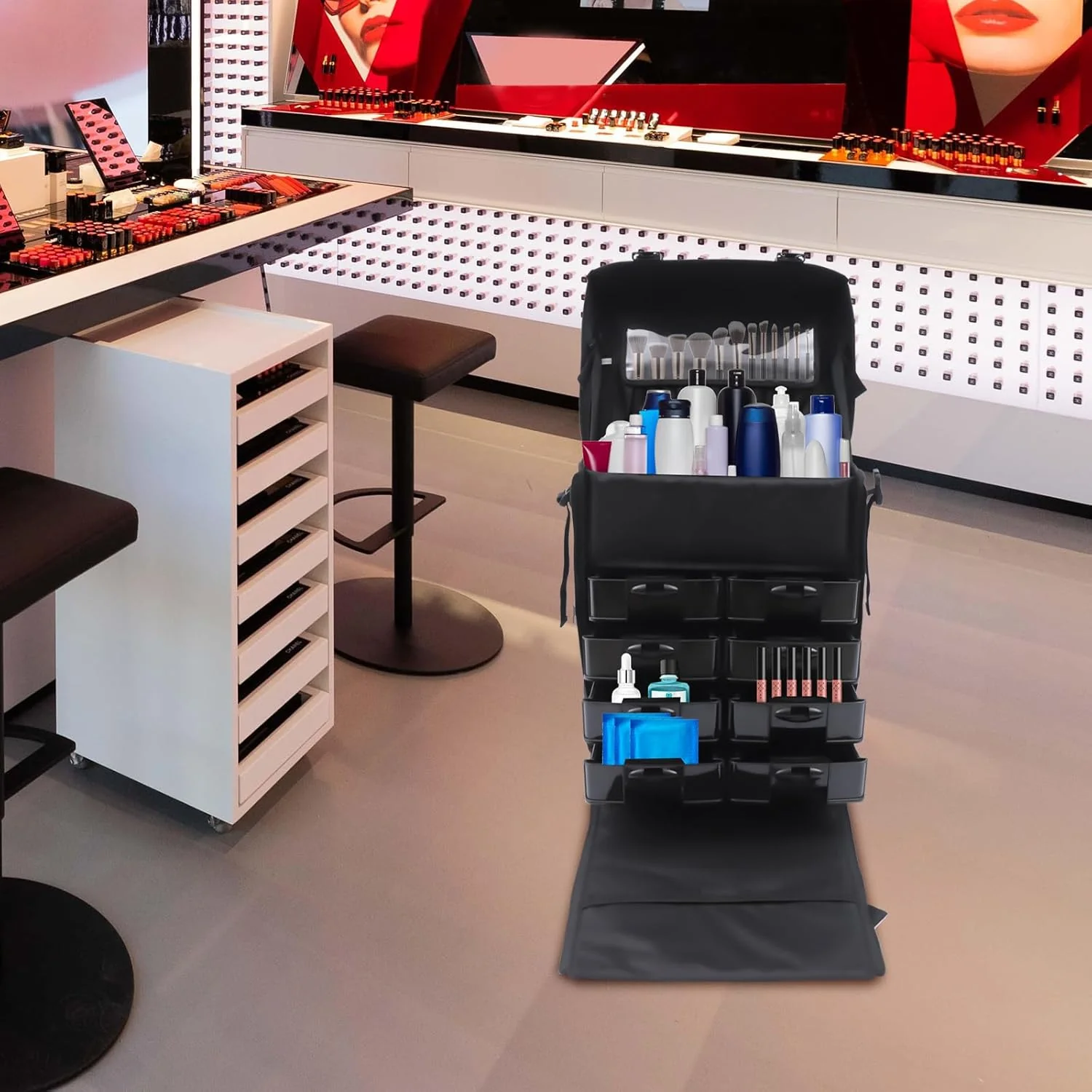 2 in 1 Kosmetikkoffer, Abnehmbarer Kosmetikkoffer Trolley mit Rollen und Deichsel, Friseurkoffer mit - Image 5