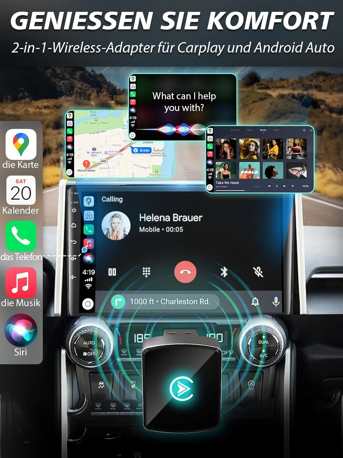 2-in-1 Wireless CarPlay & Android Auto Adapter – Nahtlose Umwandlung von Kabelgebunden zu Kabellos, - Image 2