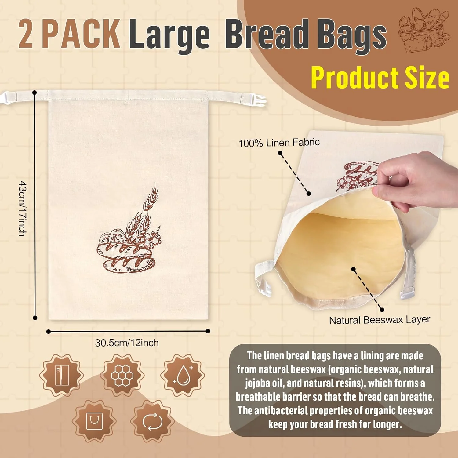 2 Stück 44 * 32,5cm Brotbeutel mit Bienenwachstuch Innenfutter Wiederverwendbare Brottüten Brot Obst - Image 2