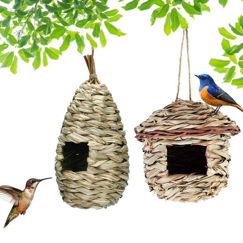 2 Stück Gras Bird Nest, Vogelhaus Vogelnest, Handgewebte Vogelhäuser, Kolibri-Haus für Draussen Aufh