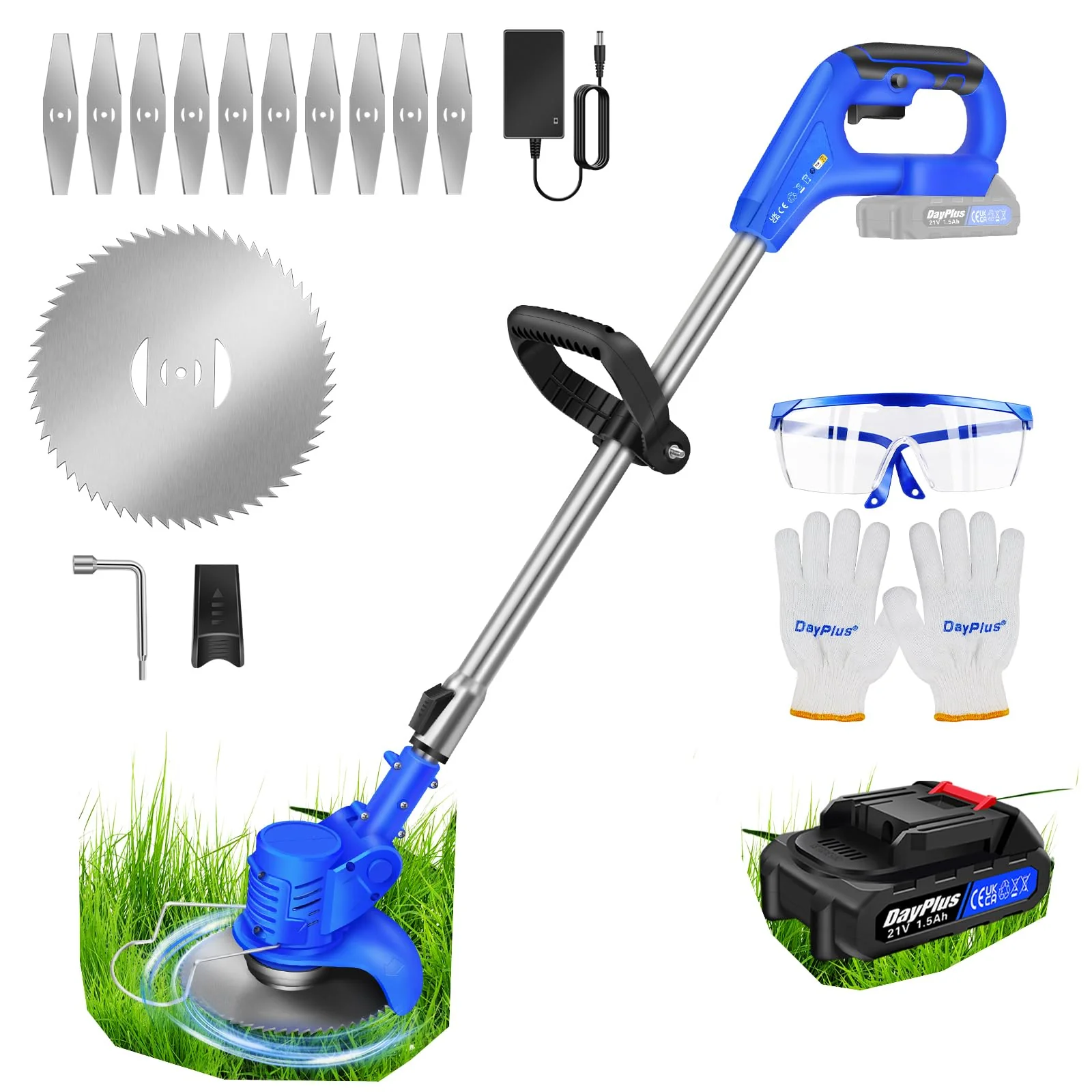 21V Elektrischer Akku-Rasentrimmer Trimmer Garten Kantenschneider mit Akku Blau with 1 battery Blau,