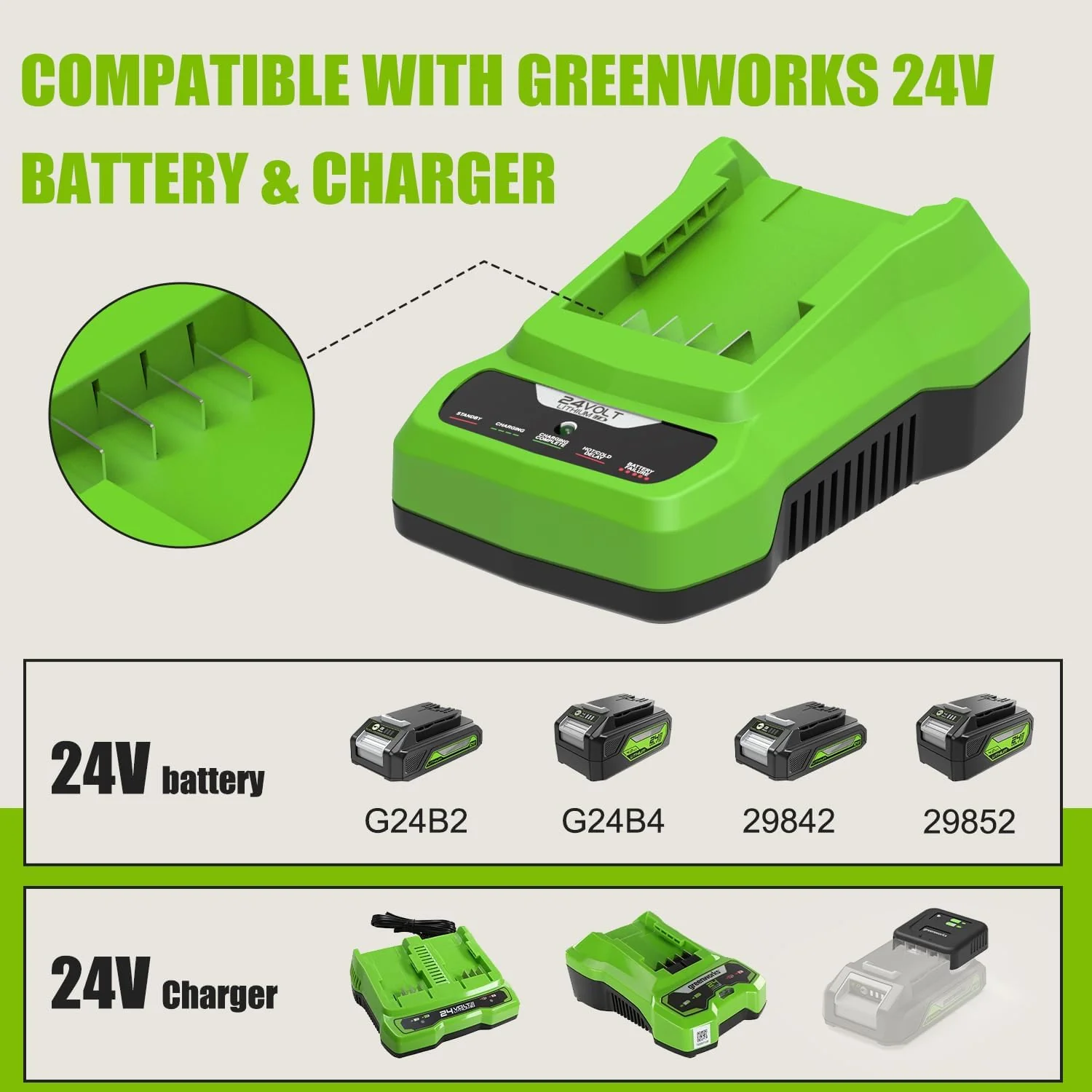 24V Ladegerät Ersatz für Greenworks Ladegerät G24C G24X2UC2 Kompatibel mit Greenworks 24V Akkus G24B - Image 4