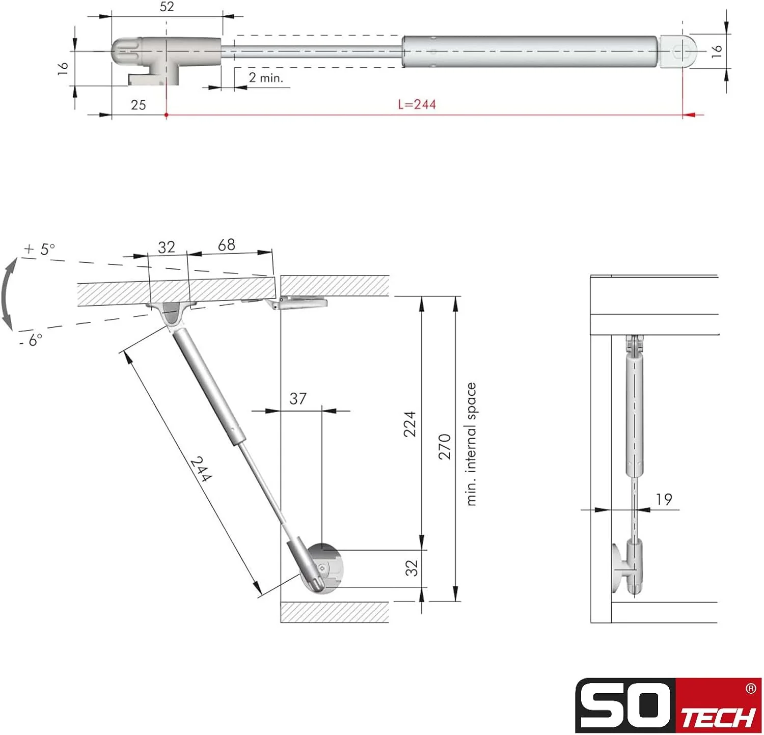 2er Set Italiana Ferramenta Gasdruckdämpfer KRABY lift up (45 Newton, 277 mm Gesamtlänge) Gasfeder f - Image 5