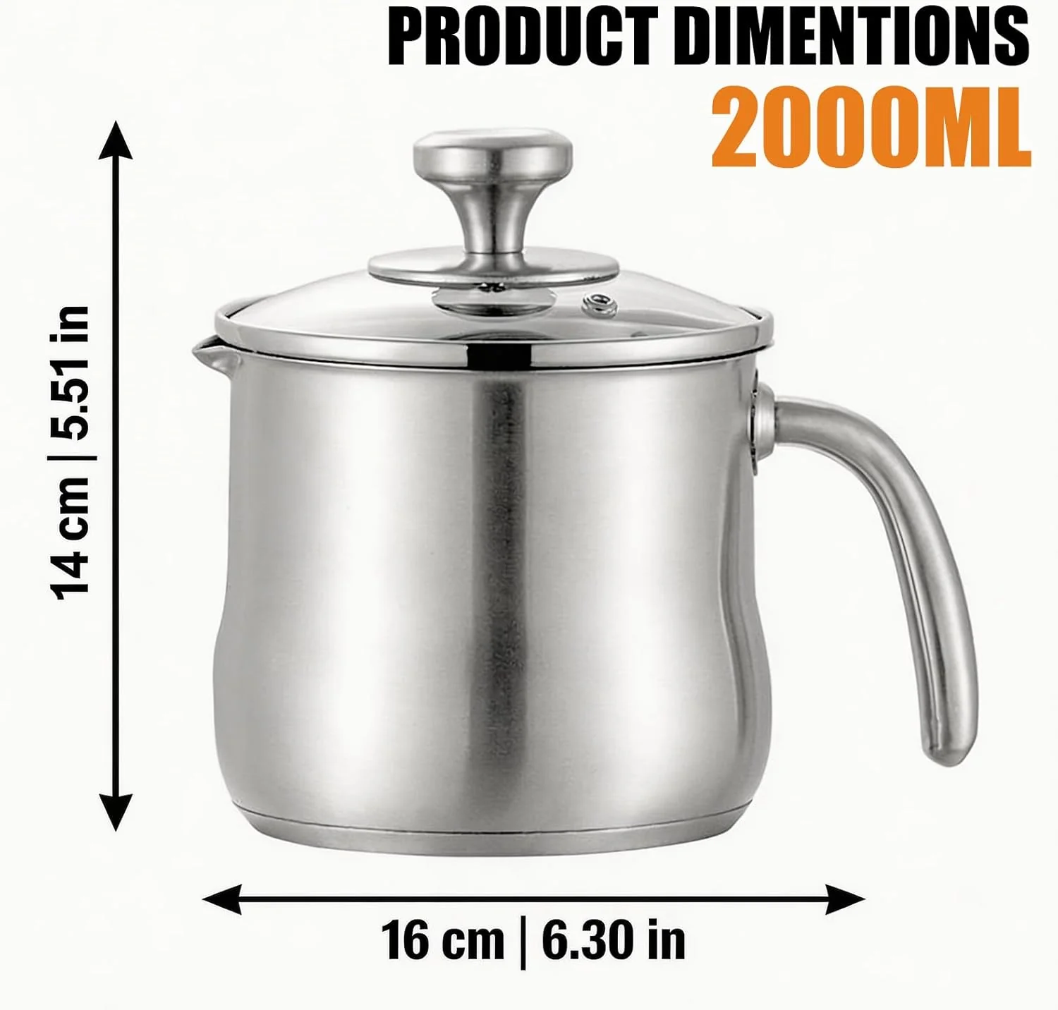 2L Milchtopf Edelstahl mit Glasdeckel und Ausgiesser, Kochtopf Induktion mit Griff, Simmertopf Puddi - Image 2
