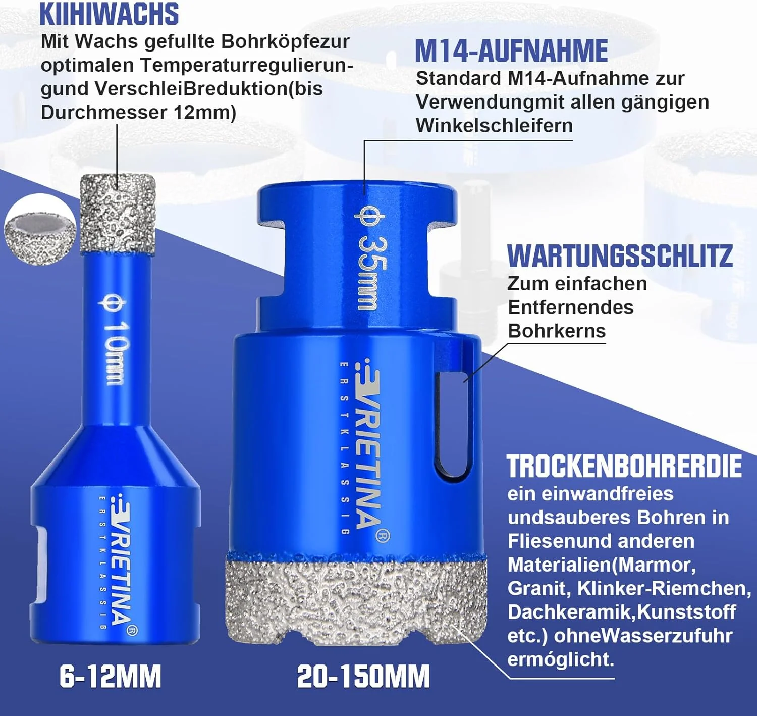 2x 8mm Diamant Fliesenbohrer Set HV 10000+ Härte, M14 Diamantbohrer Glasbohrer Nass Trocken Fliesenb - Image 6