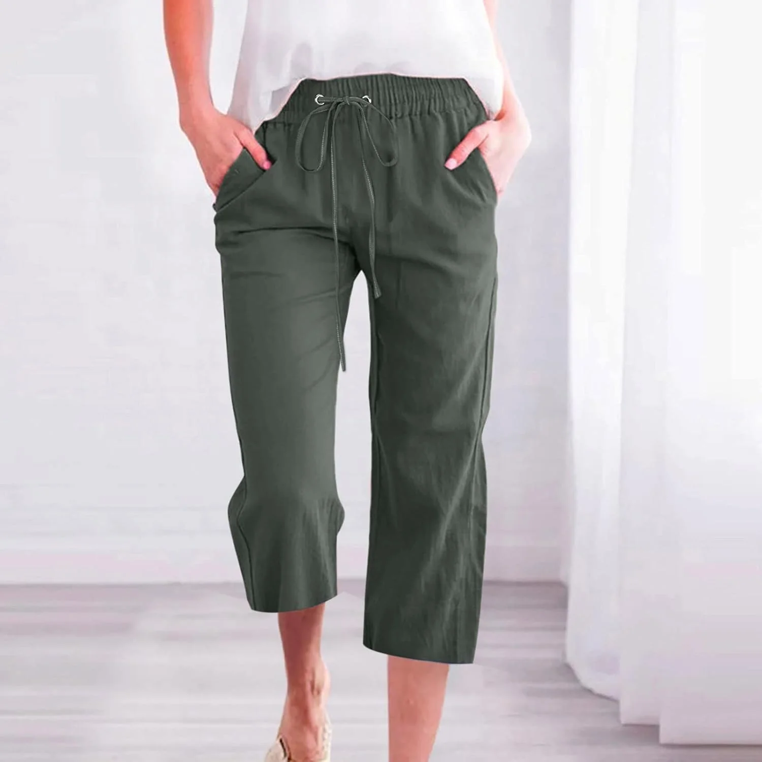 3/4 Hose Damen Sommer Musselin Hose Leinenhose Sommerhose Leicht Caprihose Stretch Straight Leg Frei - Image 3