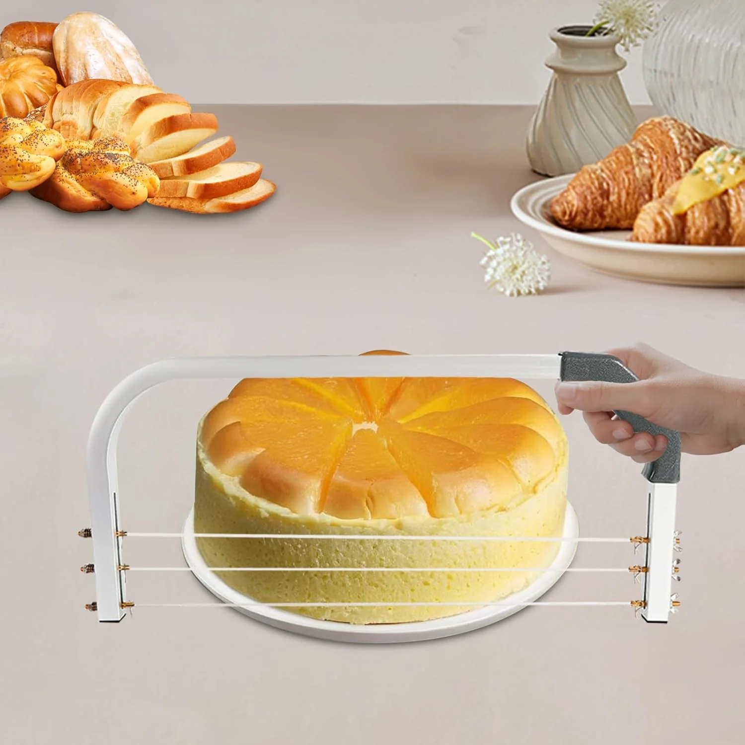 3-Draht Torten-Teiler & Leveler – Höhenverstellbarer Kuchenschneider mit 3 Edelstahl-Drähten (0,39–9 - Image 2