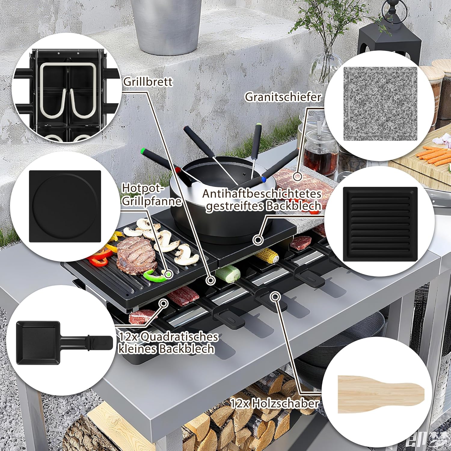 3-in-1 Raclette-Grill & Fonduelette für 12 Personen Raclette-Tischgrill mit Naturstein- und Antihaft - Image 7