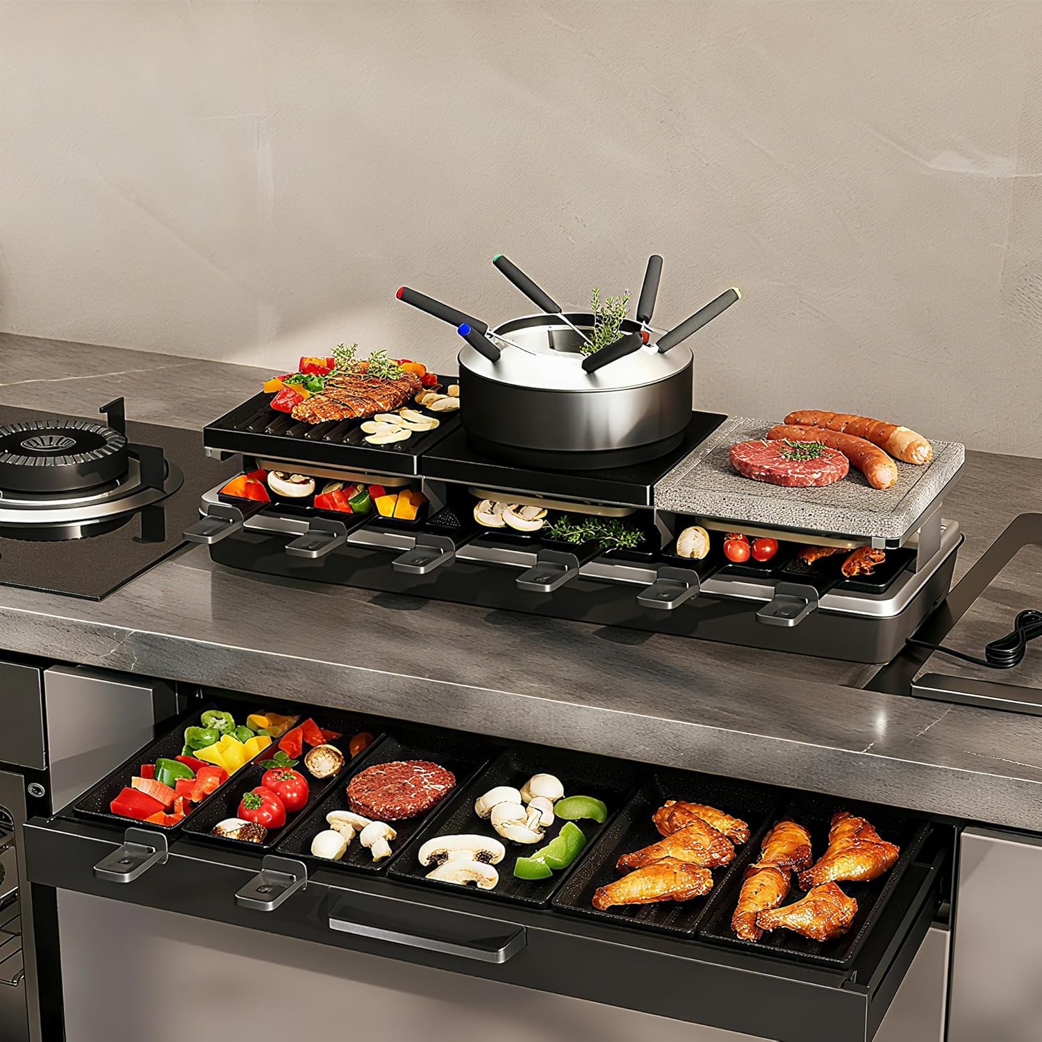 3-in-1 Raclette-Grill & Fonduelette für 12 Personen Raclette-Tischgrill mit Naturstein- und Antihaft - Image 8