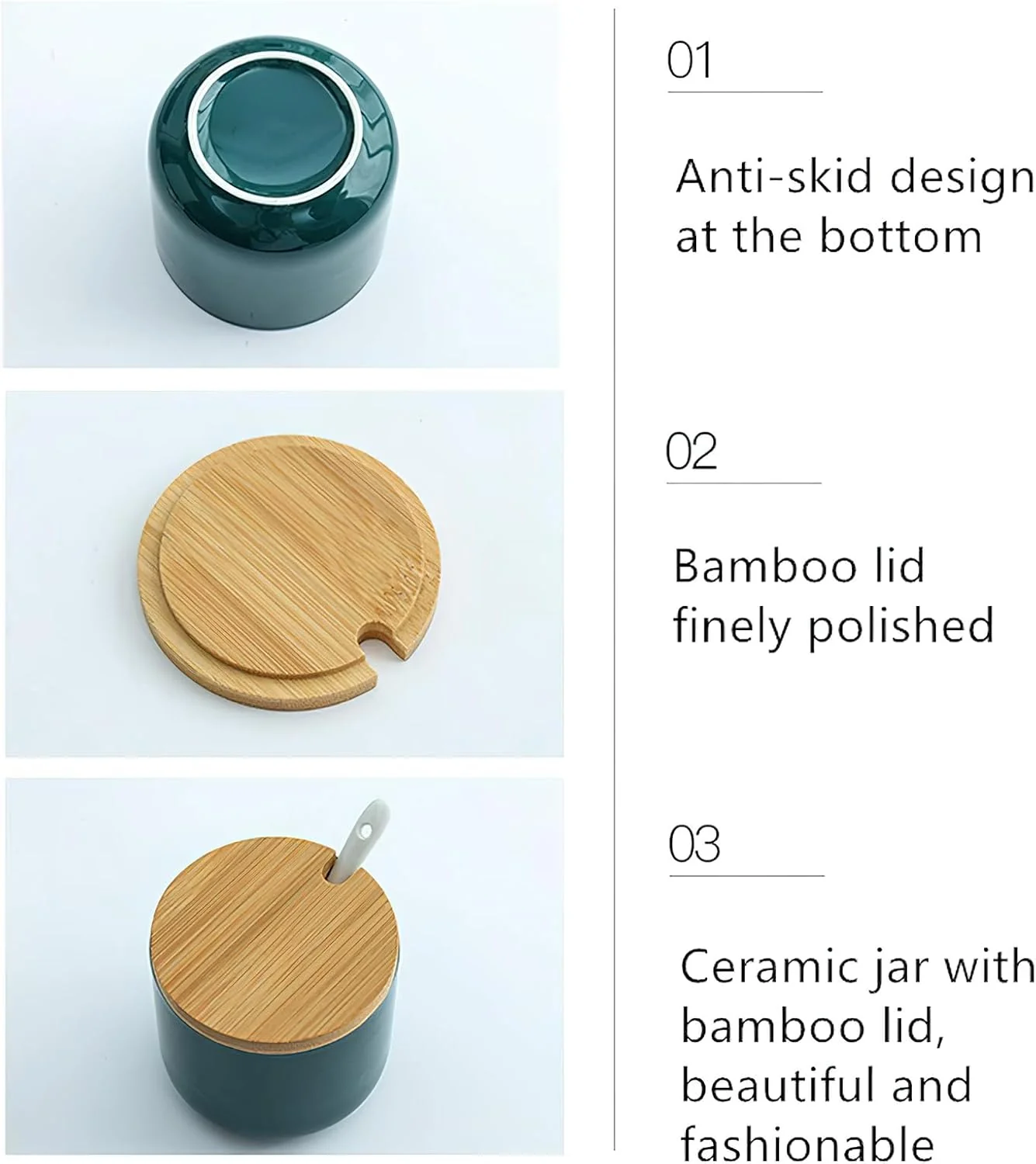 3 Stück Keramik Zuckerdose, Topf mit Salz, Gewürzglas, Box mit Löffel und Bambusdeckel (schwarz) Noi - Image 7