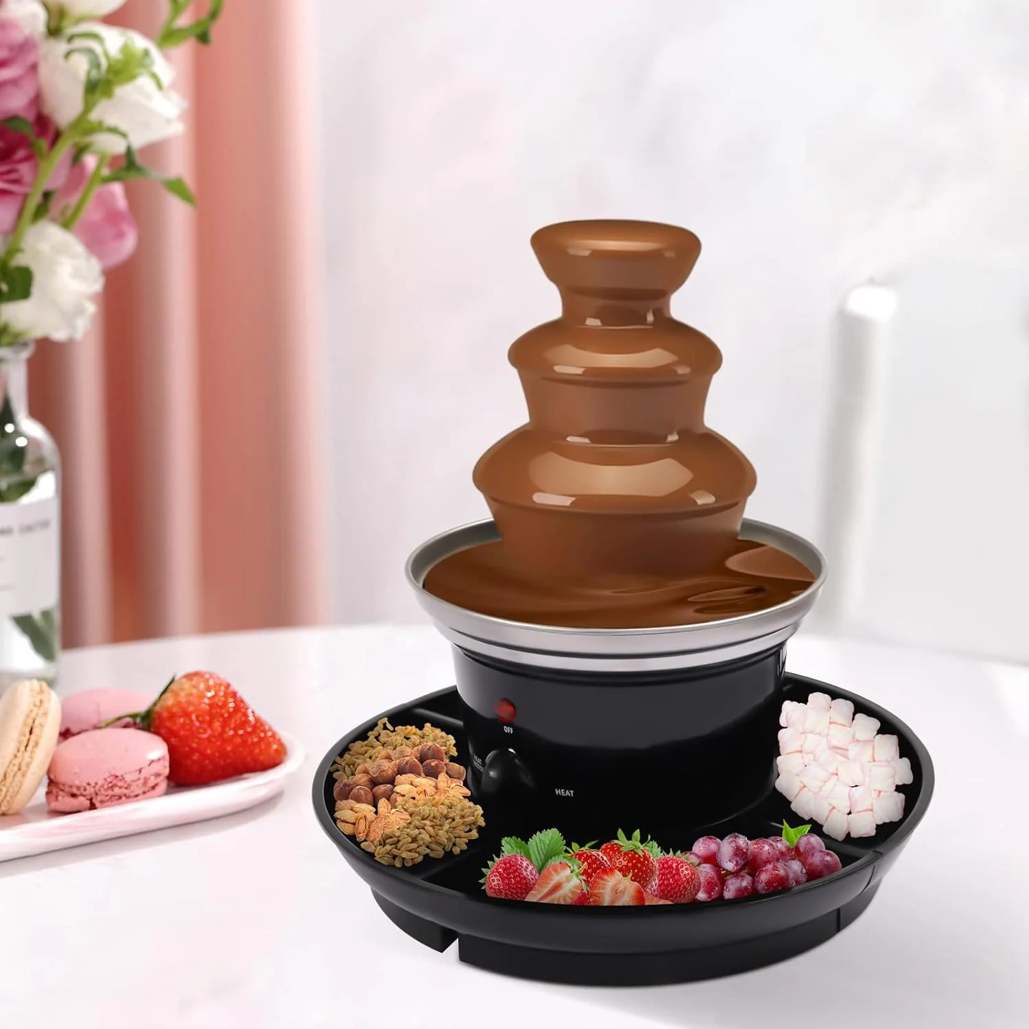 3-Tier Lektrische Schokoladenbrunnen, Edelstahl Lebensmittelerwärmung Schokobrunnen mit Food Tablett - Image 2