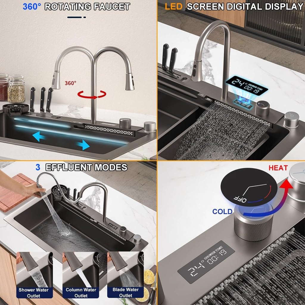 304 Edelstahl Wasserfall Waschbecken mit Digitalanzeige Bar Spüle mit Werkzeugträger Nanobeschichtet - Image 3