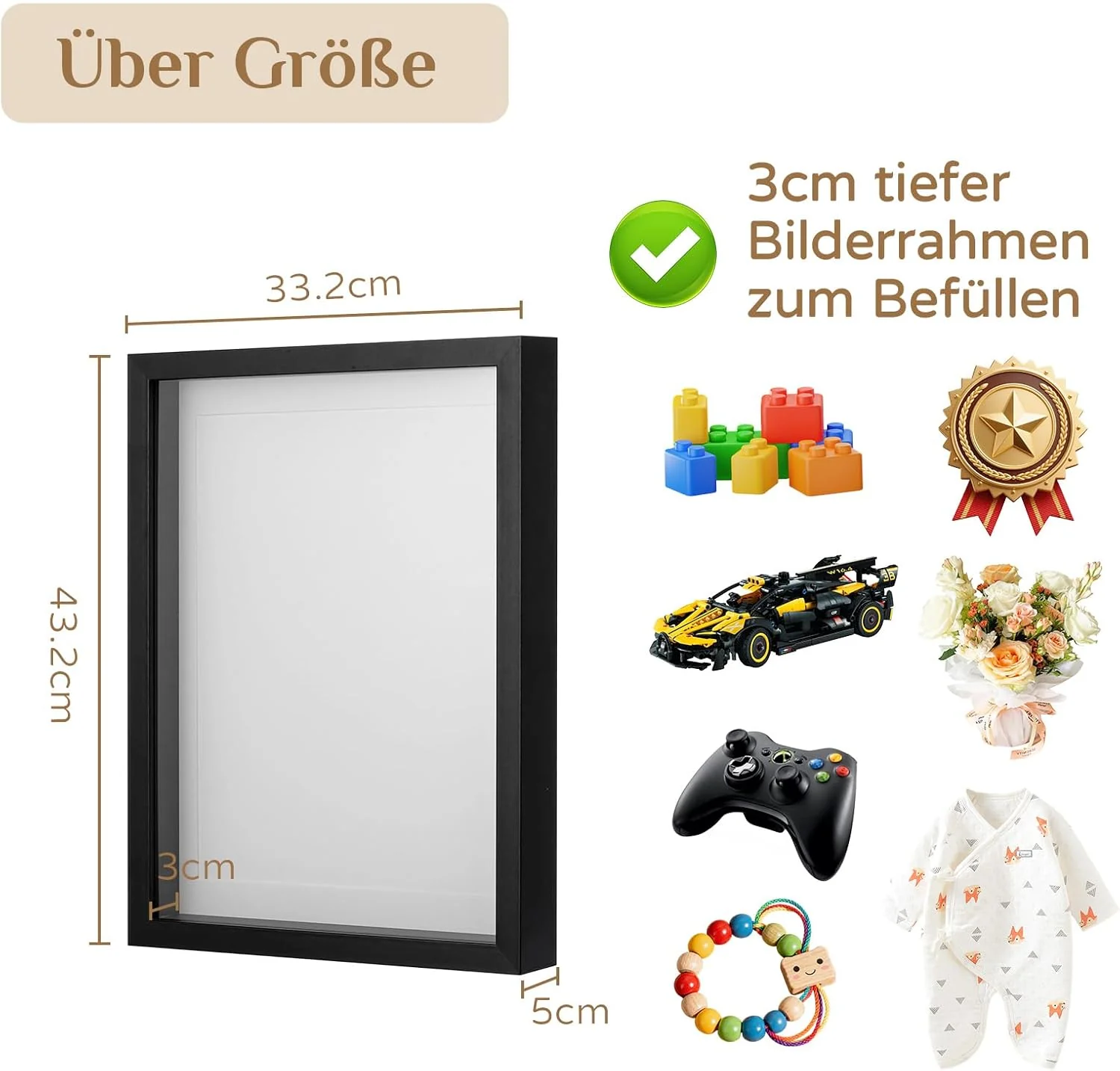 3d Bilderrahmen zum Befüllen für Gegenstände Geschenk: 3 cm Tiefer Rahmen 30x40 Schwarz für Brautstr - Image 2