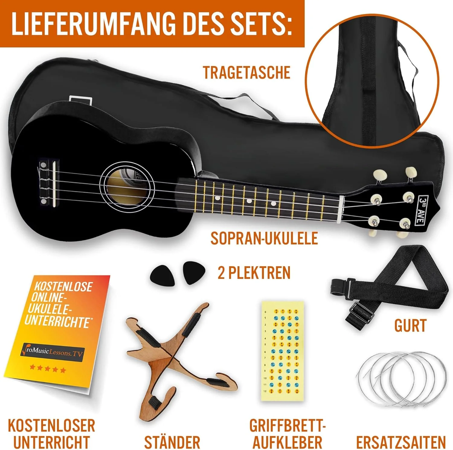 3rd Avenue Sopran-Ukulele mit 54 cm/21“, Anfängerset – Tasche, Ständer, Gurt, Saiten, Plektren und G - Image 3
