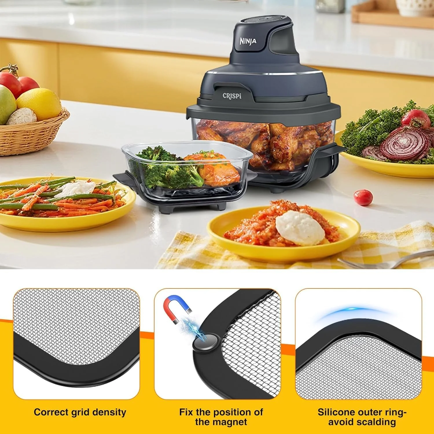 4 Stück Airfryer Zubehör für Ninja Crispi FN101EU, Airfryer Silikonform + Edelstahl Spritzschutz + S - Image 3