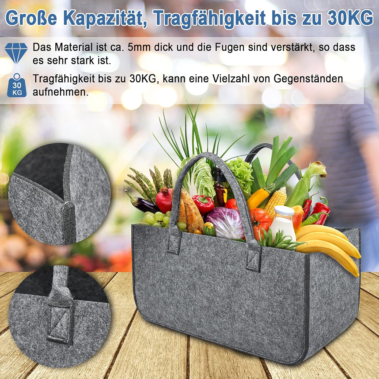 4 Stück Filztaschen Kaminholztasche Filz, Faltbar Kaminholzkorb Filztasche Shopper für Holz Zeitunge - Image 2