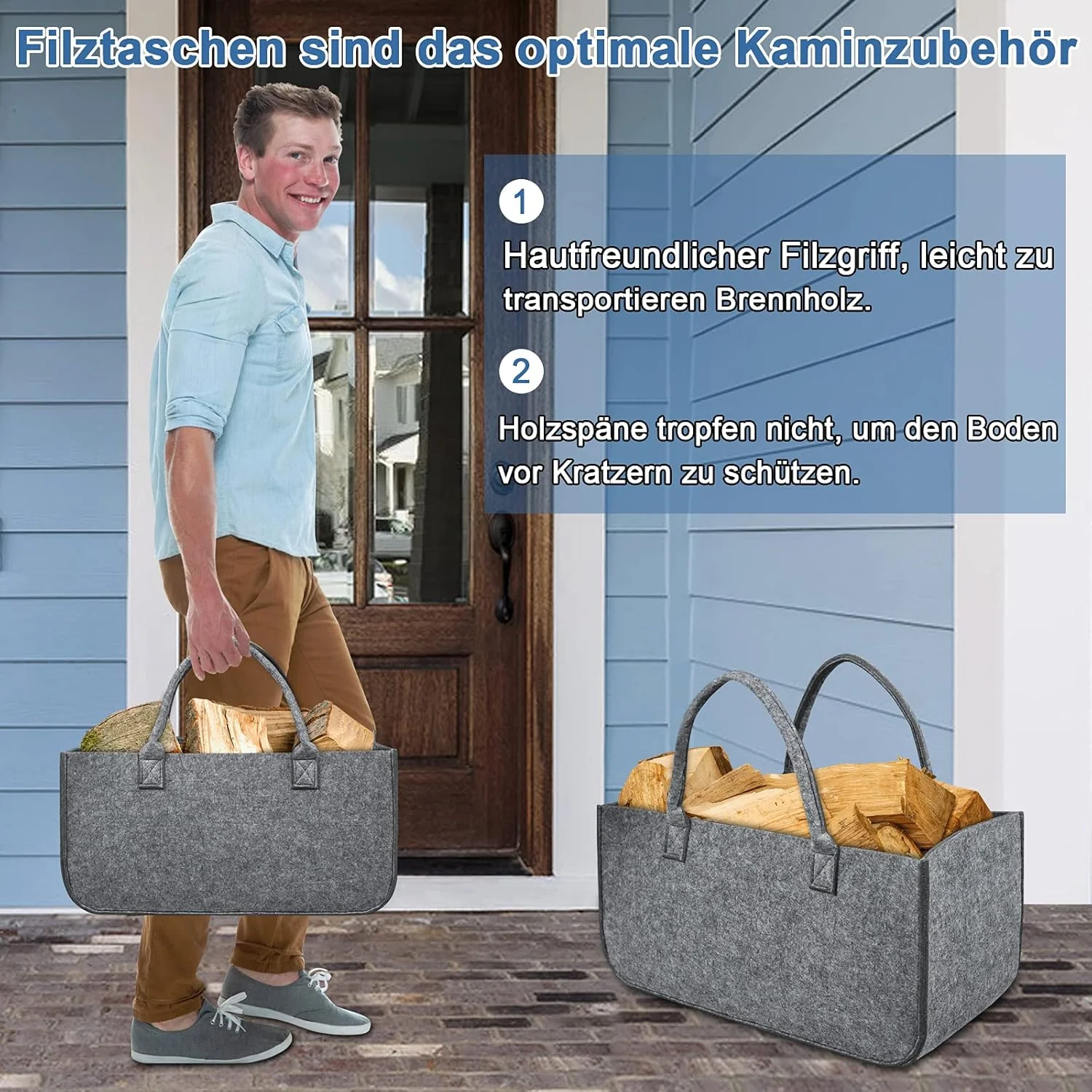 4 Stück Filztaschen Kaminholztasche Filz, Faltbar Kaminholzkorb Filztasche Shopper für Holz Zeitunge - Image 3