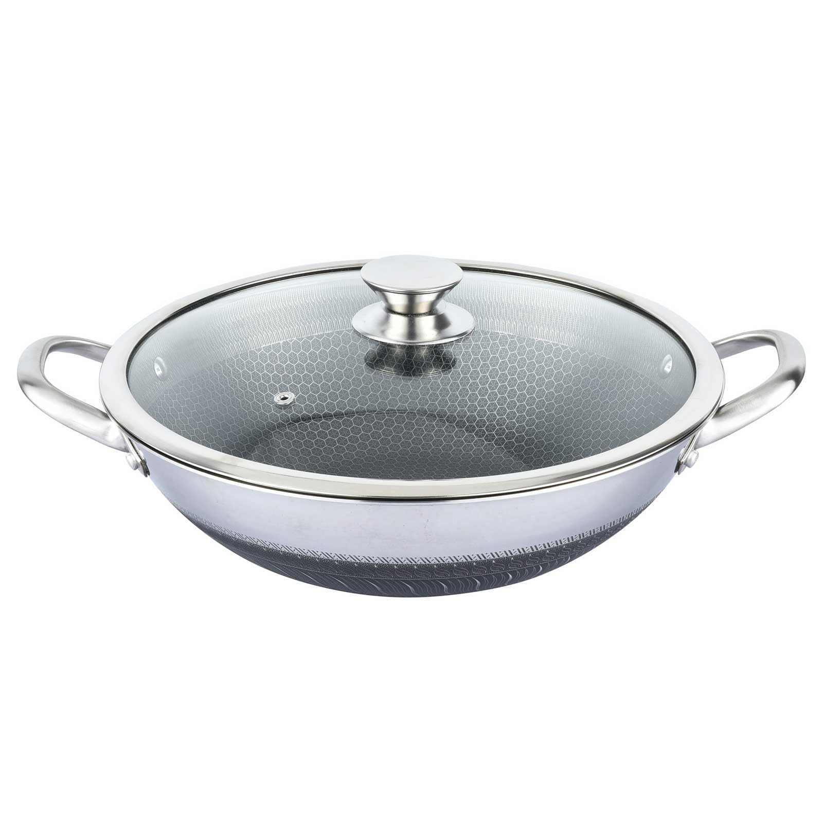 4BIG.fun Wok Bratpfanne aus Edelstahl 36 cm Antihaft Wabenstruktur Wokpfanne mit Glasdeckel Asia Sch