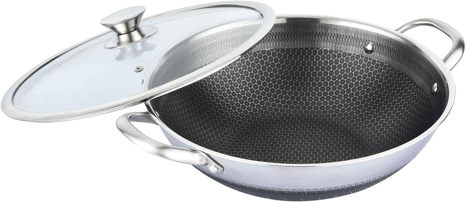 4BIG.fun Wok Bratpfanne aus Edelstahl 36 cm Antihaft Wabenstruktur Wokpfanne mit Glasdeckel Asia Sch - Image 3
