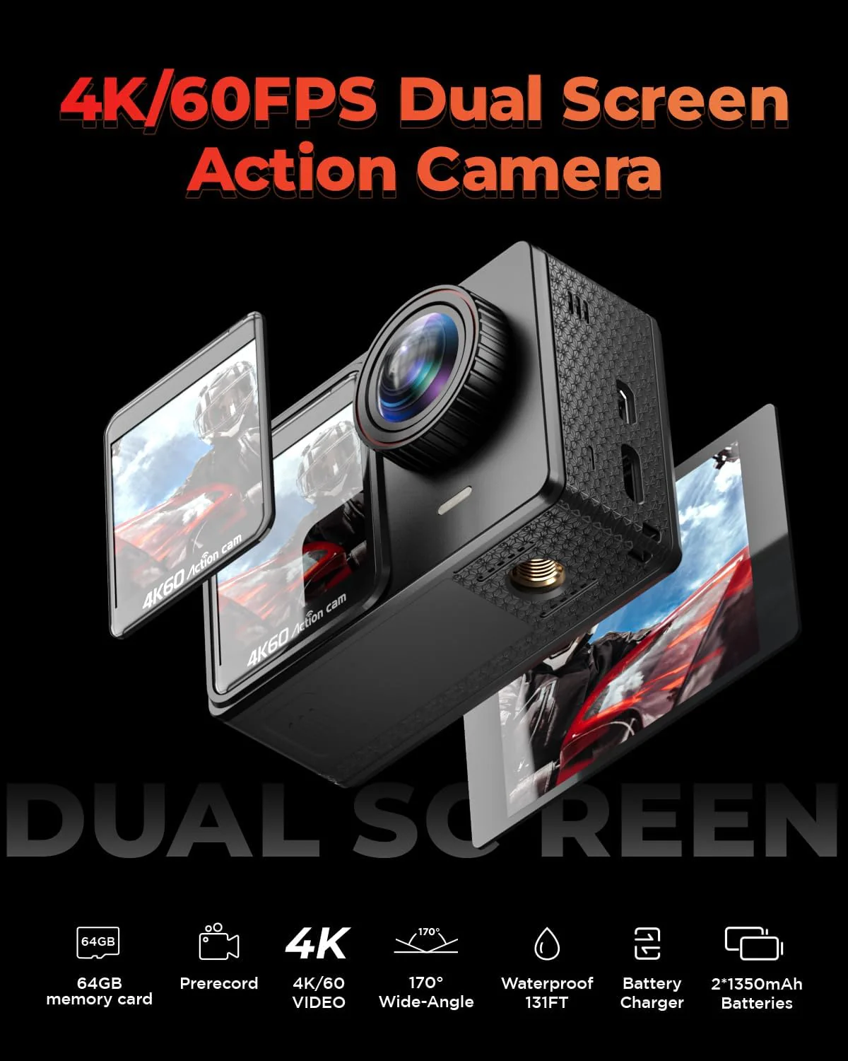 4K60FPS 24MP Action Cam, Touchscreen Sportkamera mit 64GB SD-Karte, Unterwasserkamera 131FT Wasserdi - Image 2