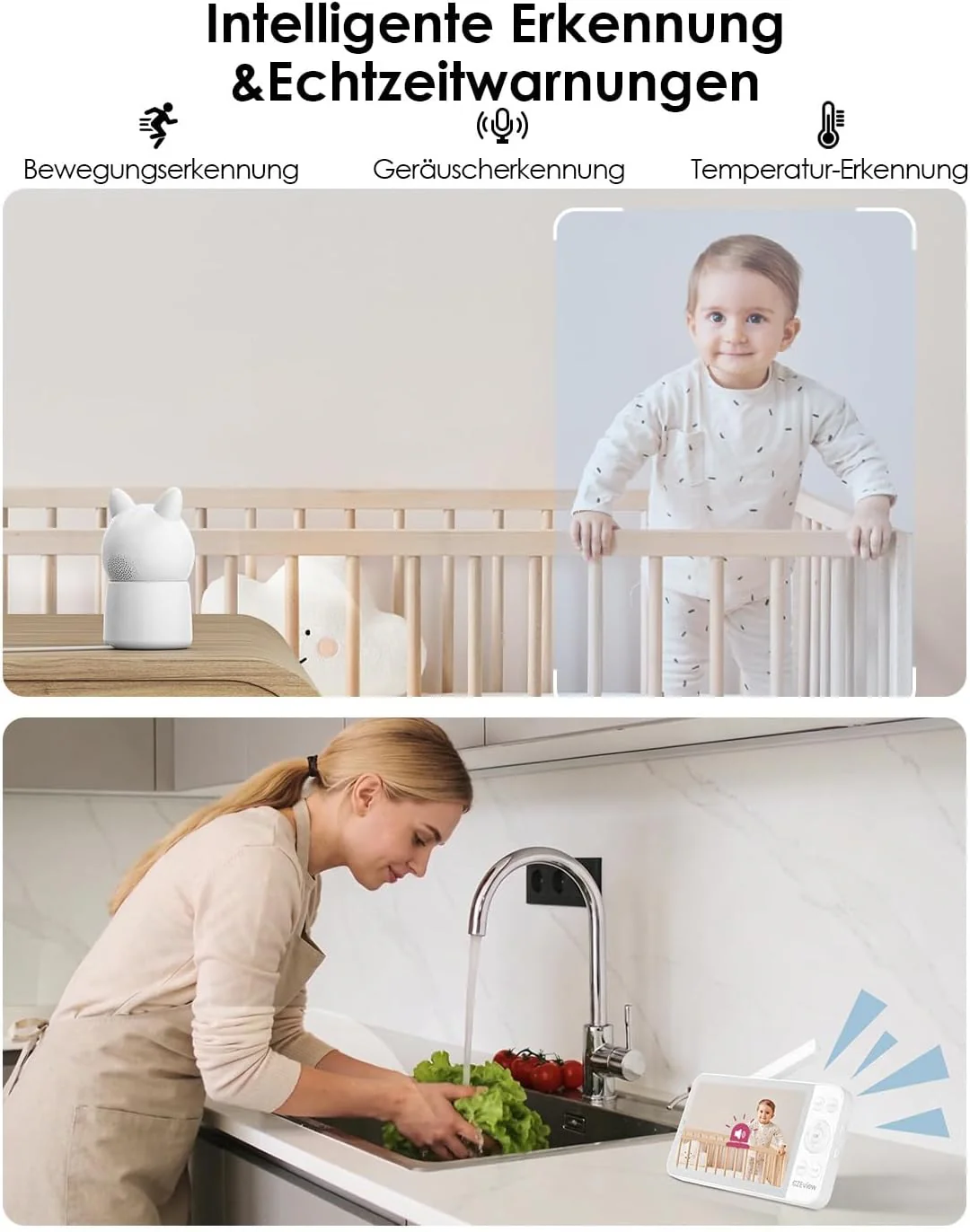 5.5" Babyphone mit Kamera und APP, 2K HD, Nachtlicht Ohren, Nachtsicht, WLAN Video Babyfon, Musik, B - Image 4