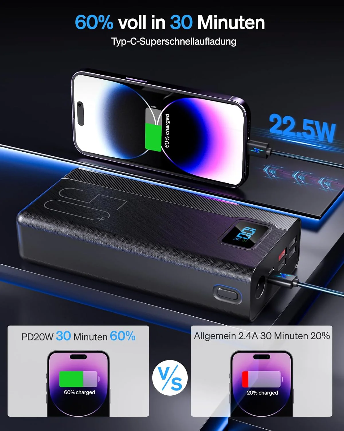 50000mAh Power Bank:22.5W Schnellladung Externer Akku mit Grosse Kapazität und 5 Ausgänge & 3 Eingän - Image 2