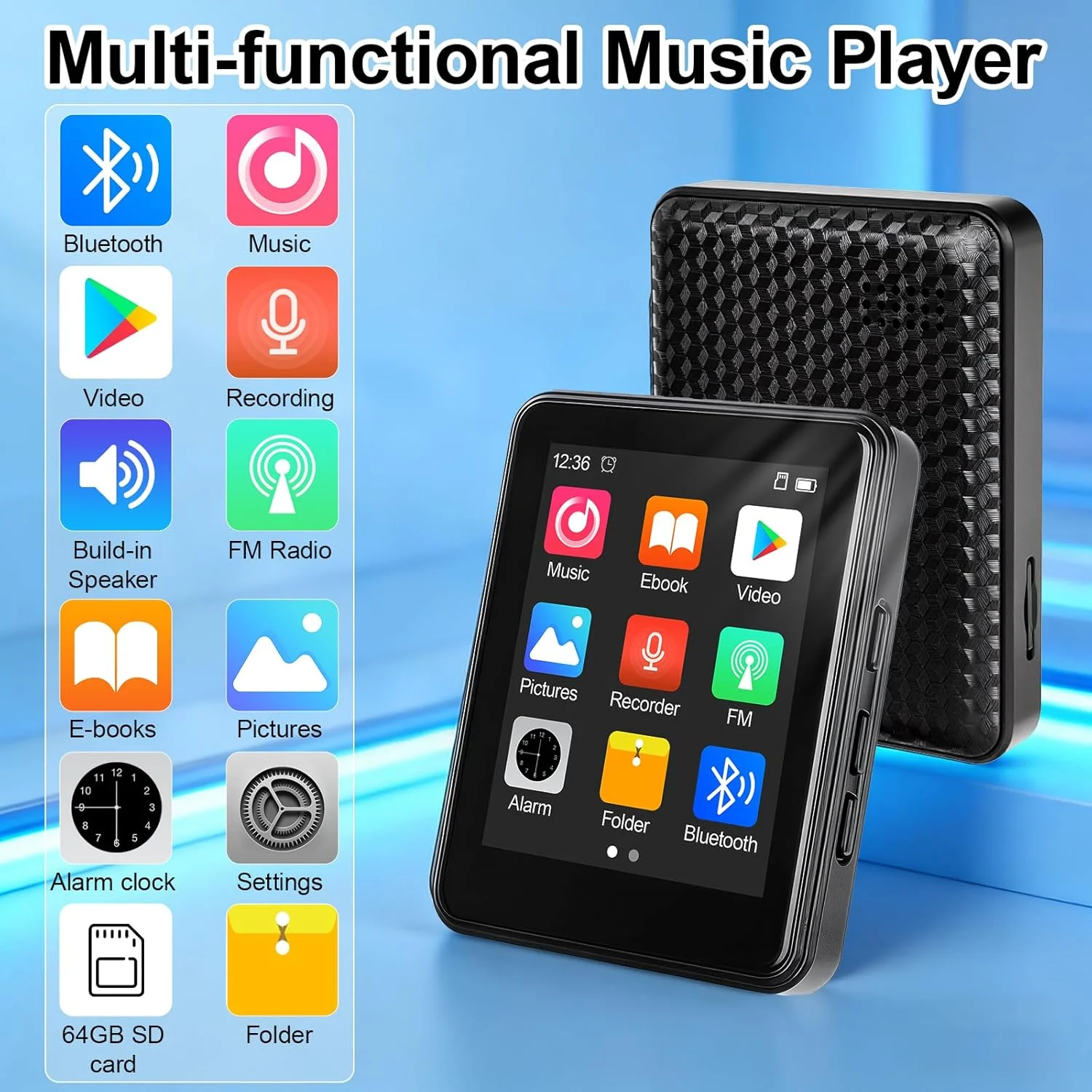 64GB MP3 Player Bluetooth 5.2 - MP3-Player 2.4" Full Touchscreen Tragbarer MP3 Player mit Lautsprech - Image 2