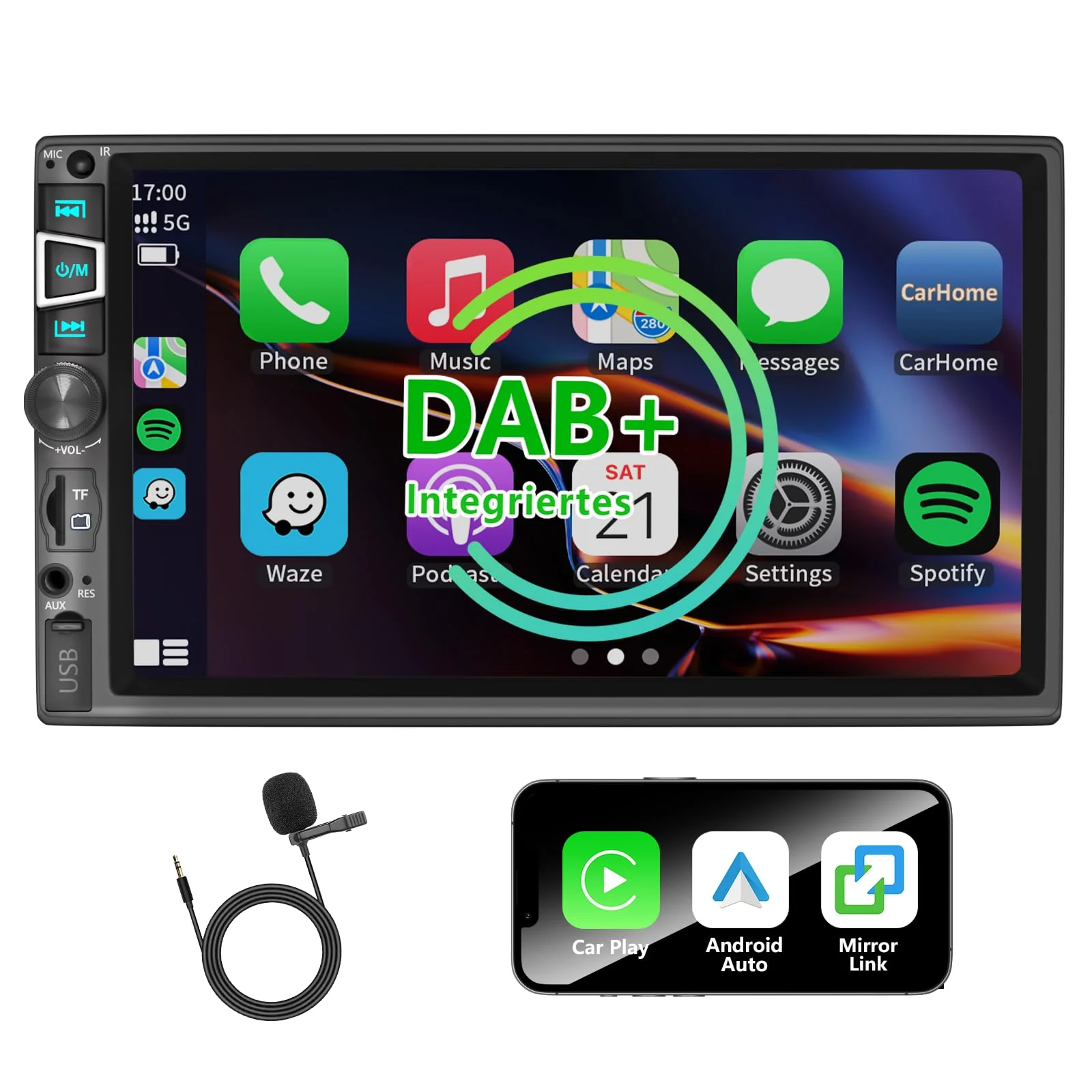 7 Zoll Doppel Din Autoradio mit drahtlosem CarPlay & Android Auto, Bluetooth, Full-Touch-Autoradio-D