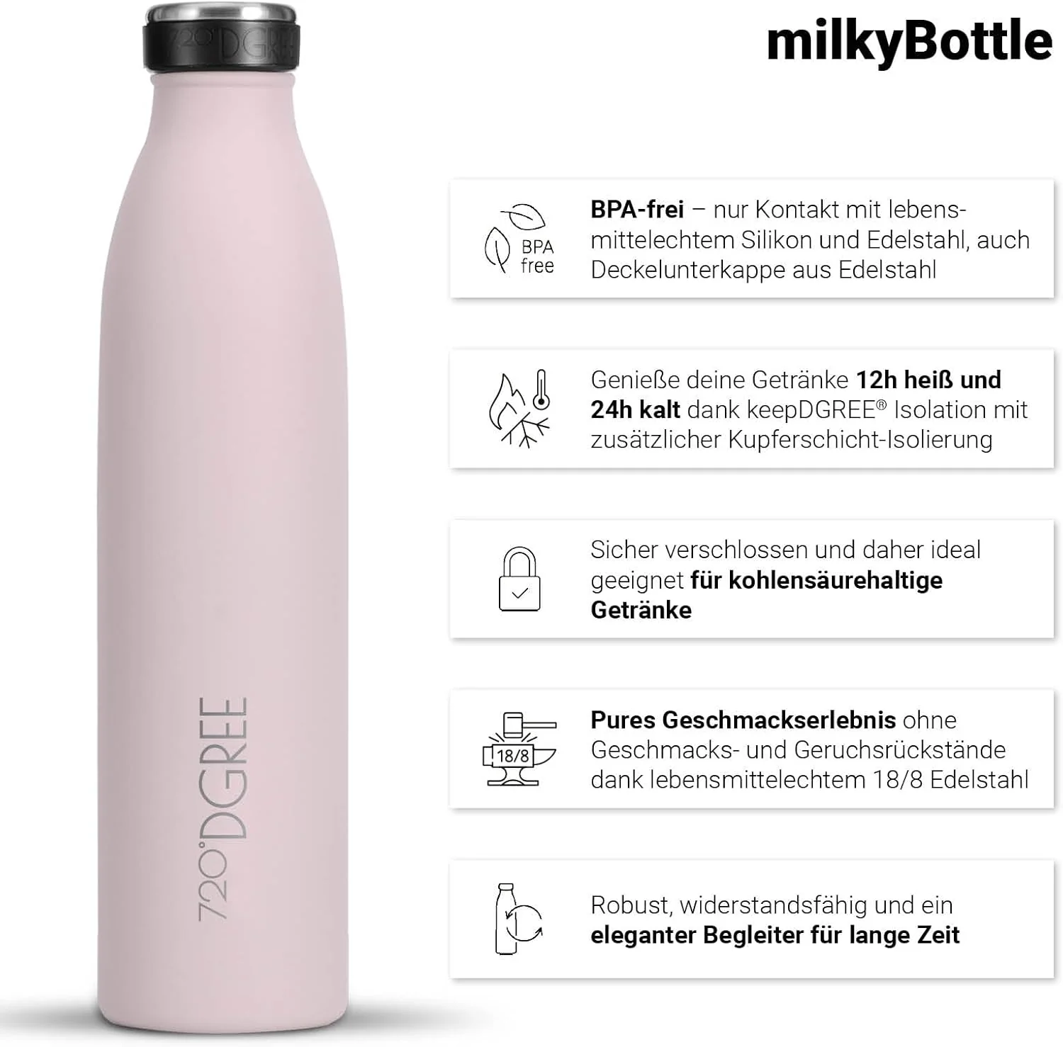 720°DGREE Edelstahl Trinkflasche “milkyBottle” - 750ml - BPA-Frei, Auslaufsicher, Kohlensäure geeign - Image 2