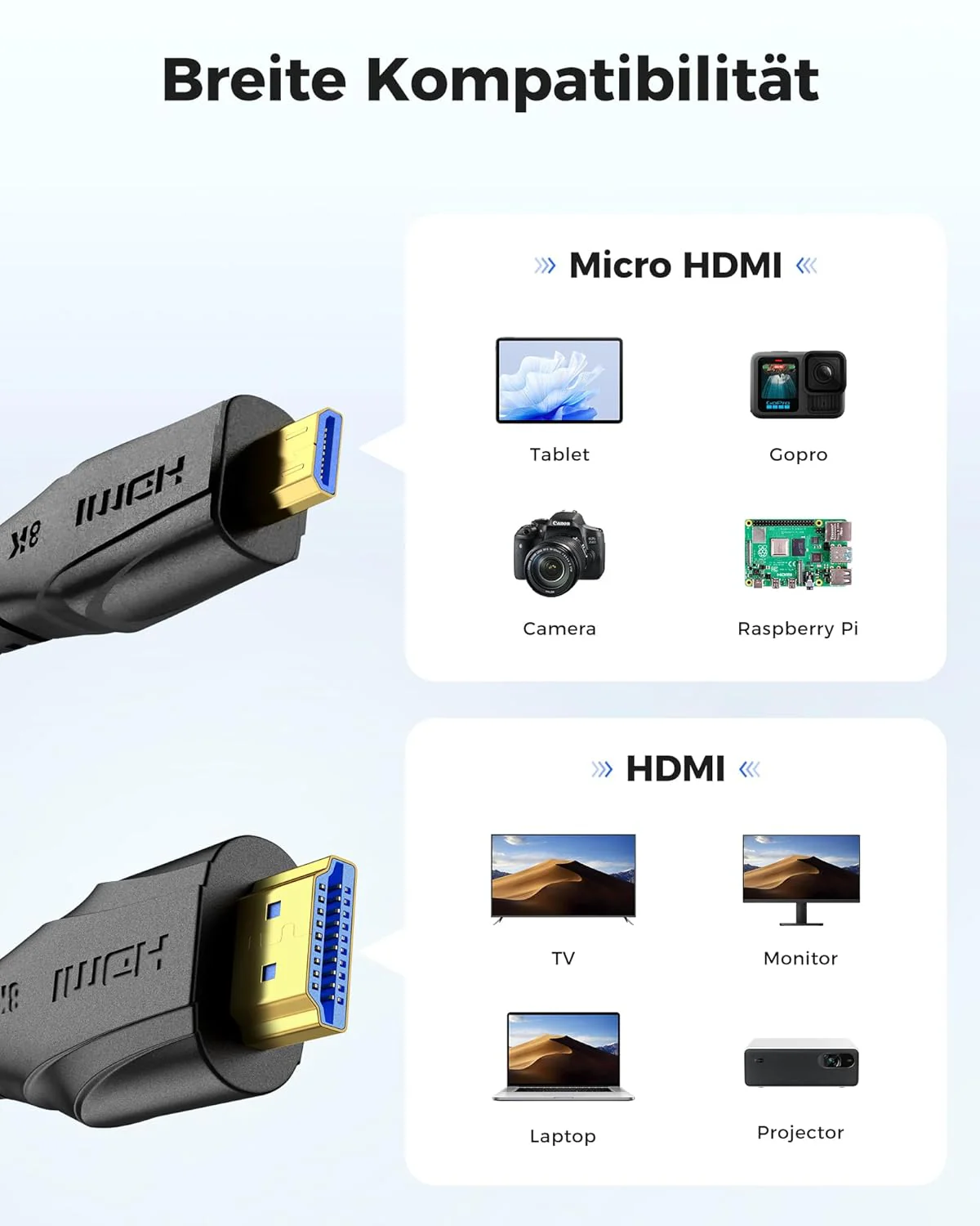 8k Micro HDMI auf HDMI 2.1 Kabel 2M, 8K@60Hz, Micro HDMI Kabelmit Ethernet 3D Full HD 1080P HDR ARC - Image 3