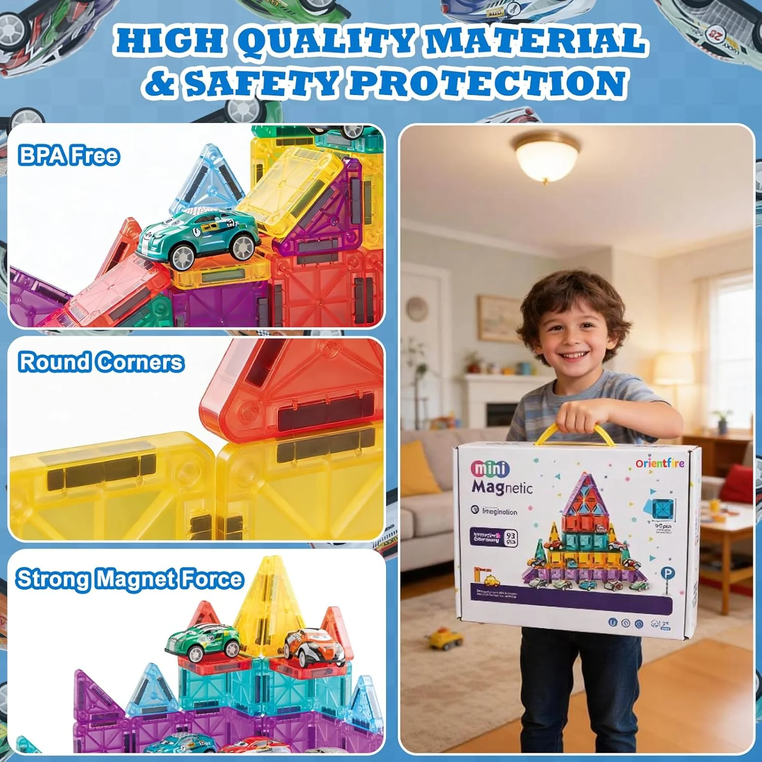 93 PCS Magnetic Tiles Mini Magnetic Building Tiles with Cars, Travel Magnetic Tiles with Storage Bag - Image 5