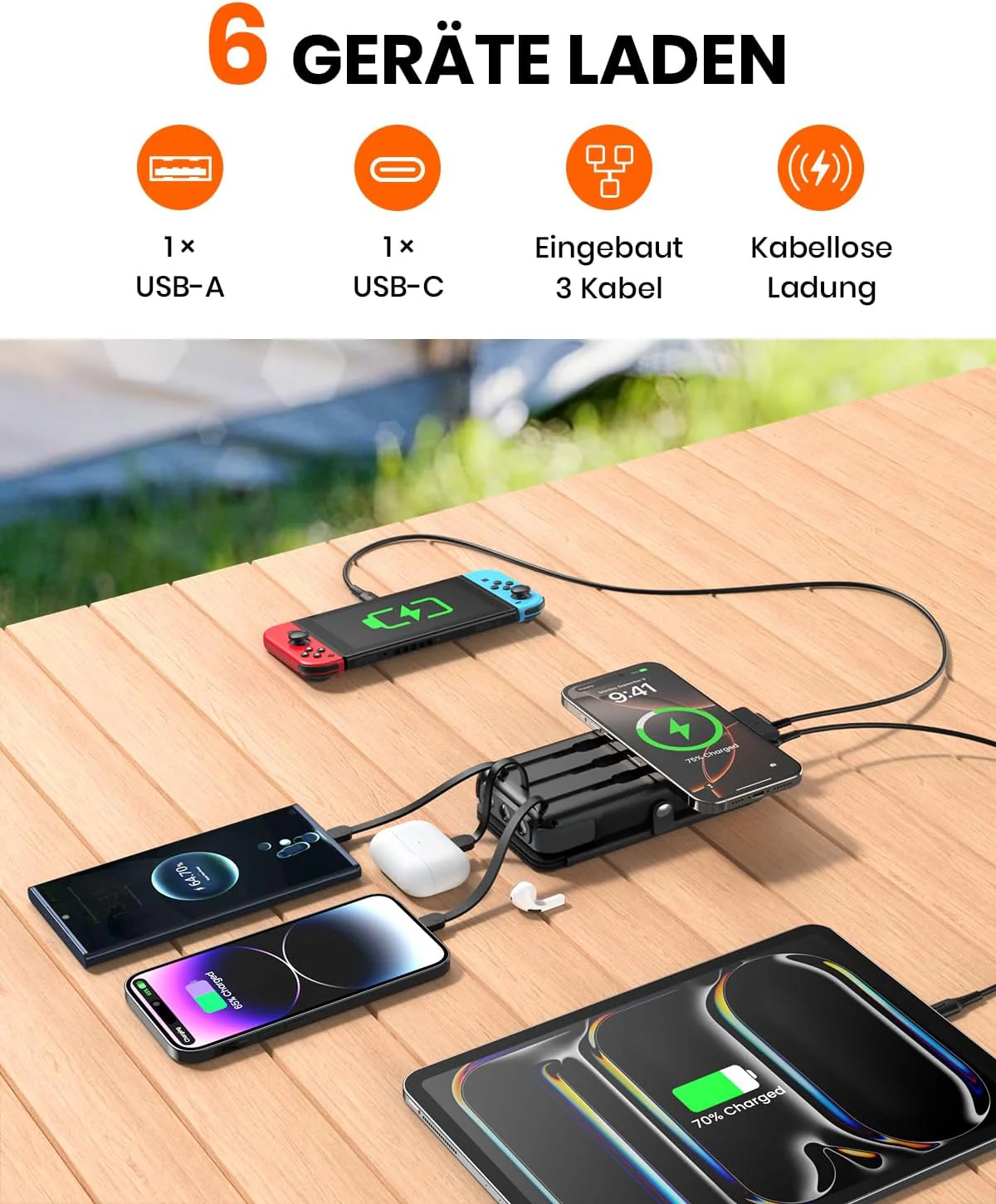 A ADDTOP Solar Power Bank 25000mAh - Wireless PowerBank mit 3 Integrierten Kabelns - 20W Schnelllade - Image 6