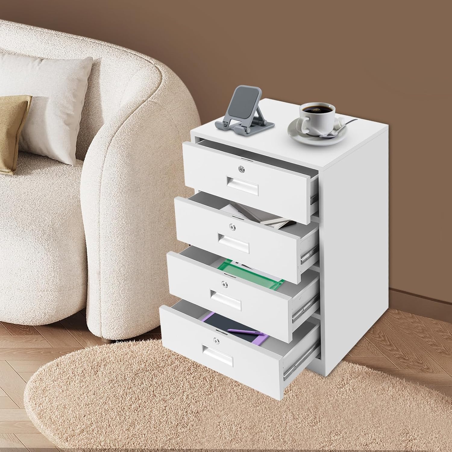 Abschliessbar Rollcontainer mit 4 Schubladen, Mobiler Aktenschrank mit 4 Schlössern, Aufbewahrungssc - Image 7