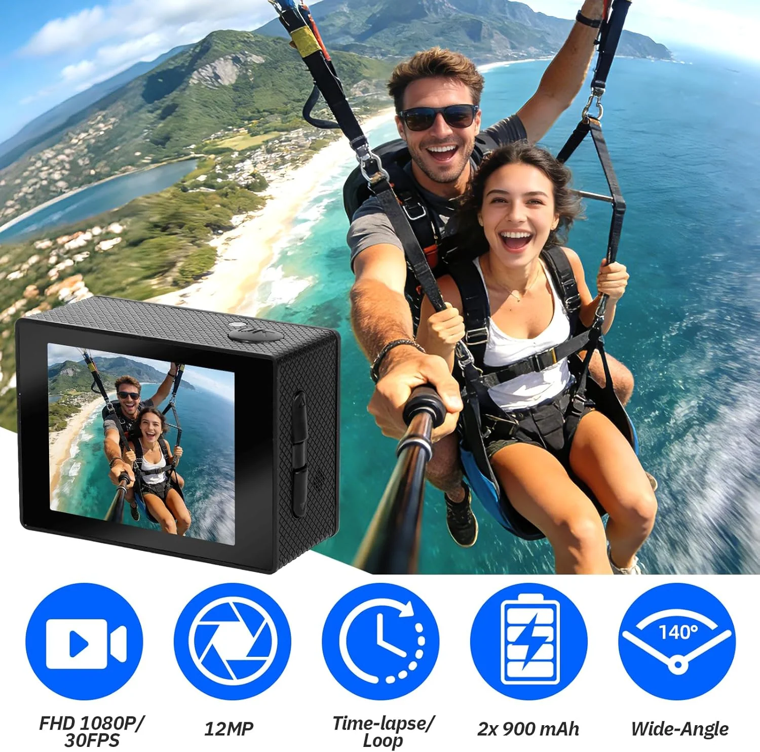 Action Cam FHD 1080P/12MP, Wasserdicht Unterwasserkamera bis 30M, 120 Grad Weitwinkel Action Kamera - Image 5